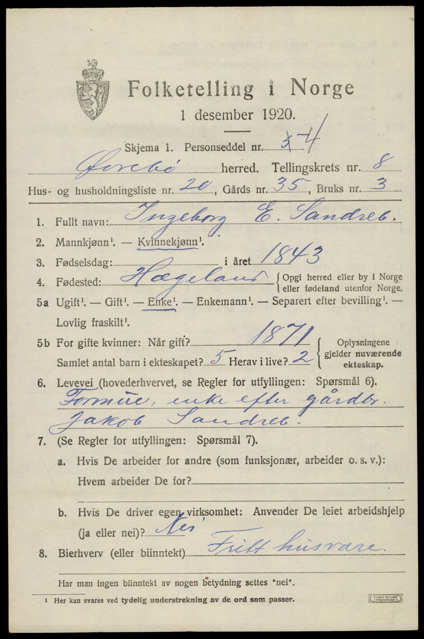 SAK, 1920 census for Øvrebø, 1920, p. 1914