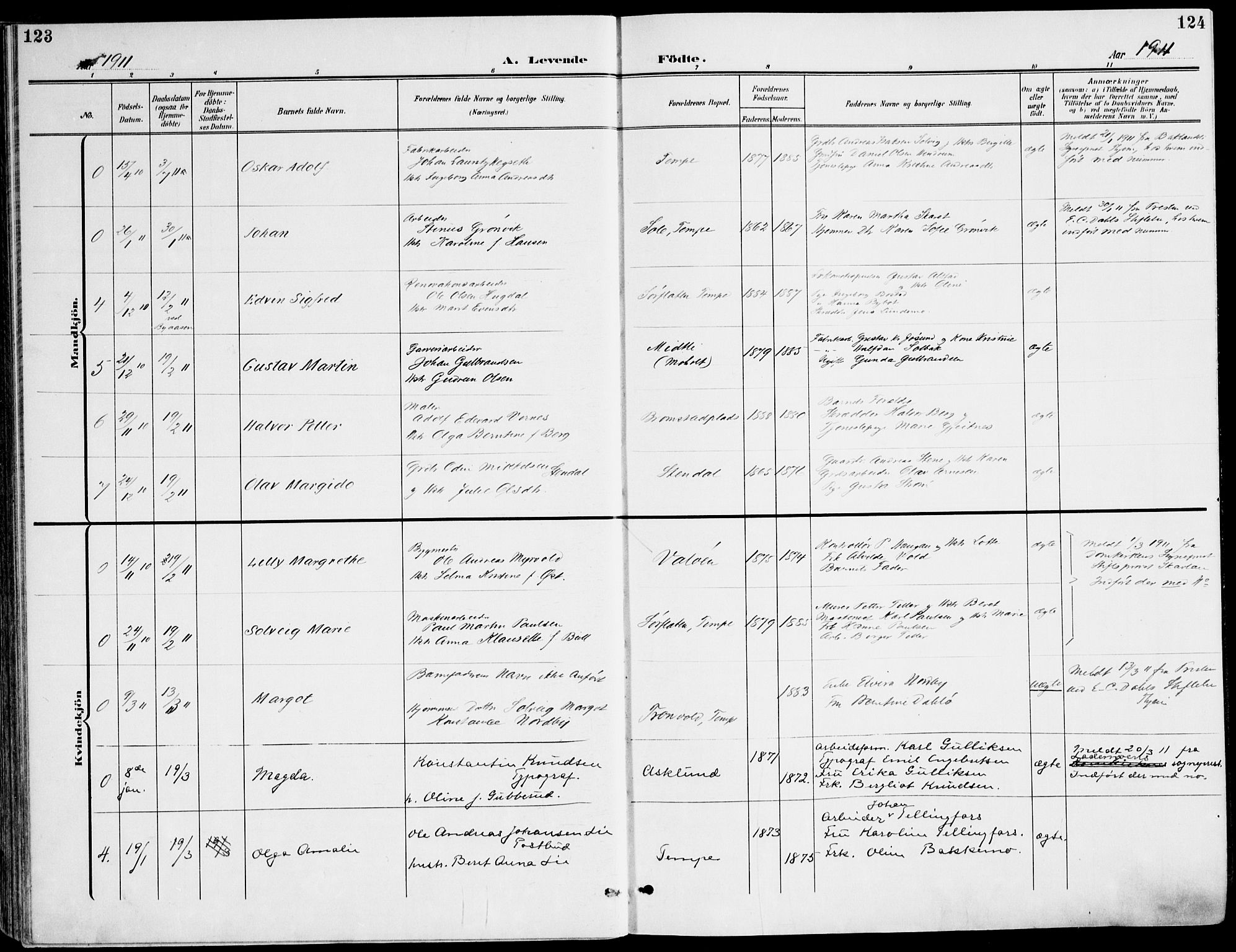 Ministerialprotokoller, klokkerbøker og fødselsregistre - Sør-Trøndelag, SAT/A-1456/607/L0320: Parish register (official) no. 607A04, 1907-1915, p. 123-124
