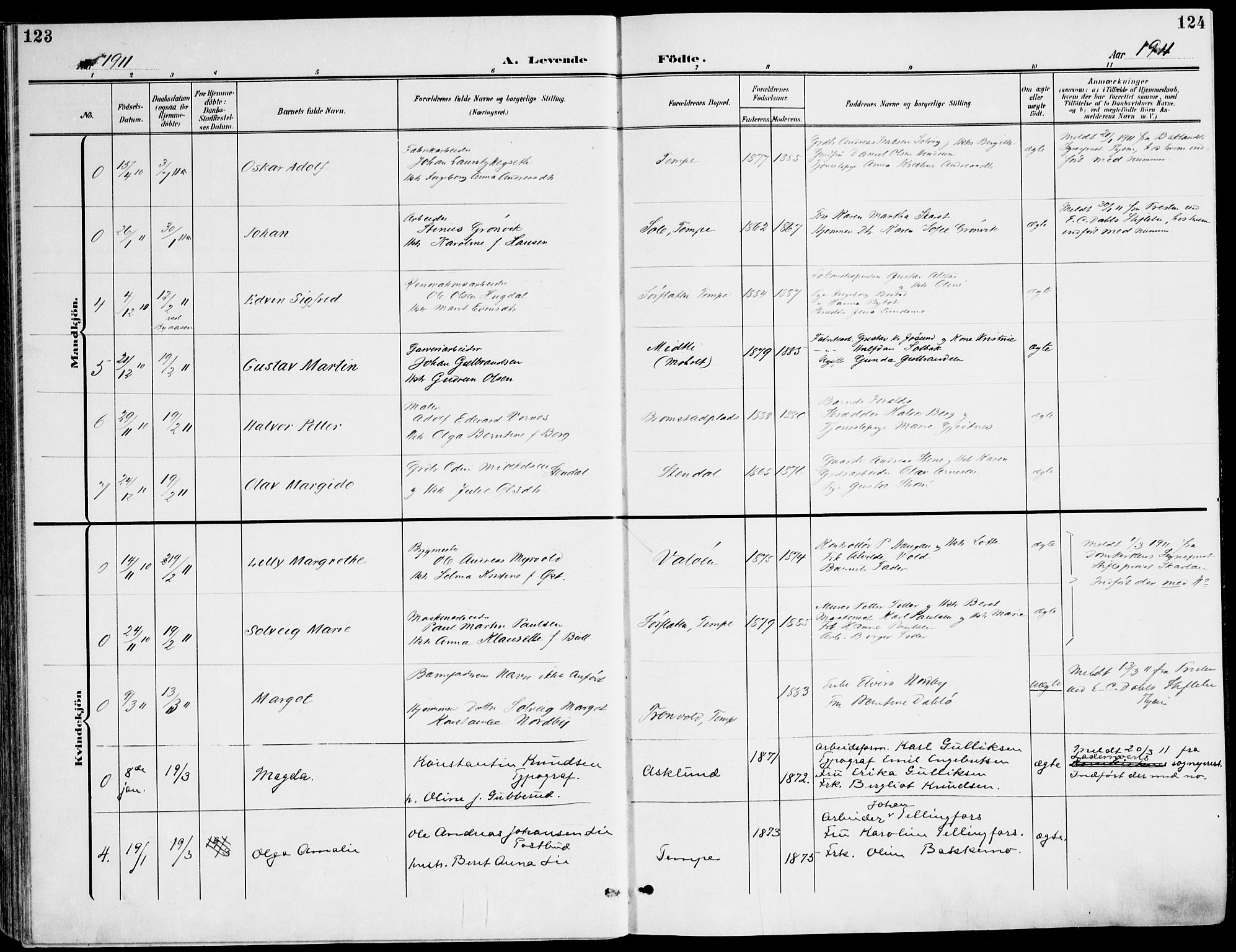 Ministerialprotokoller, klokkerbøker og fødselsregistre - Sør-Trøndelag, AV/SAT-A-1456/607/L0320: Parish register (official) no. 607A04, 1907-1915, p. 123-124