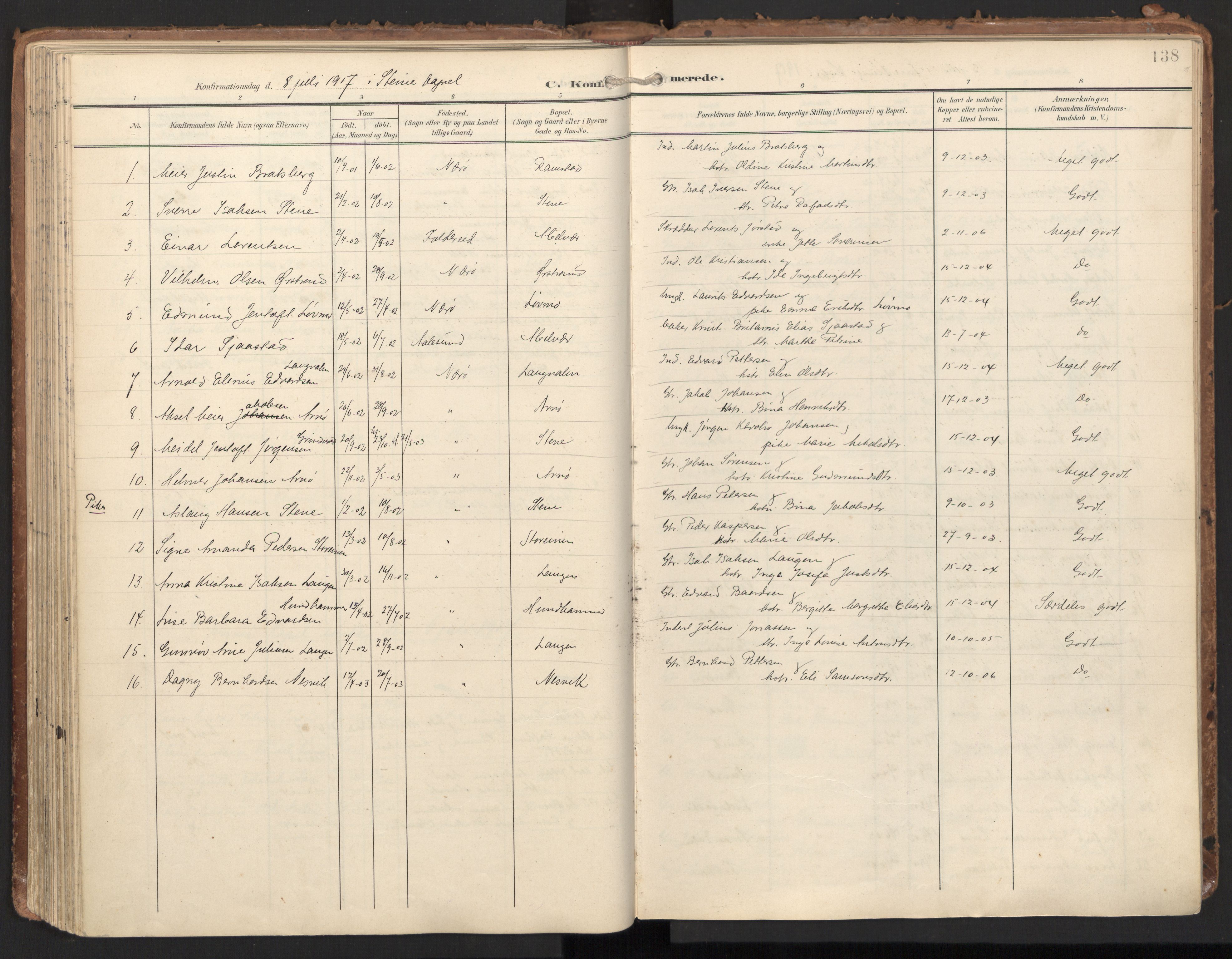 Ministerialprotokoller, klokkerbøker og fødselsregistre - Nord-Trøndelag, SAT/A-1458/784/L0677: Parish register (official) no. 784A12, 1900-1920, p. 138
