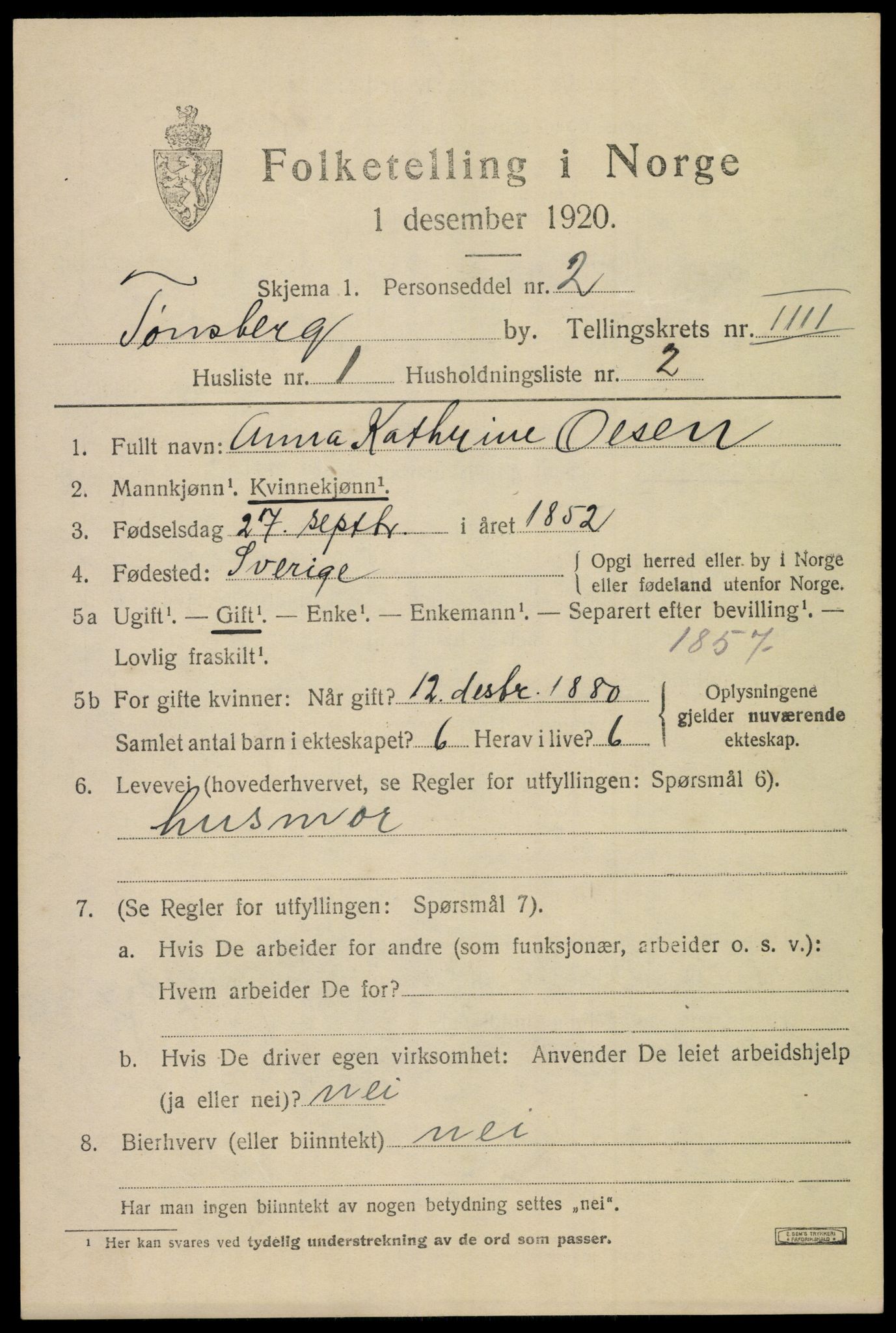 SAKO, 1920 census for Tønsberg, 1920, p. 12015