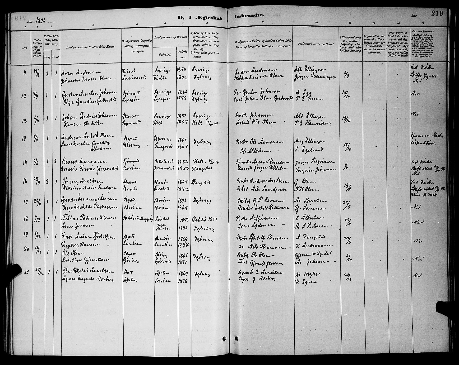 Dypvåg sokneprestkontor, SAK/1111-0007/F/Fb/Fba/L0013: Parish register (copy) no. B 13, 1887-1900, p. 219