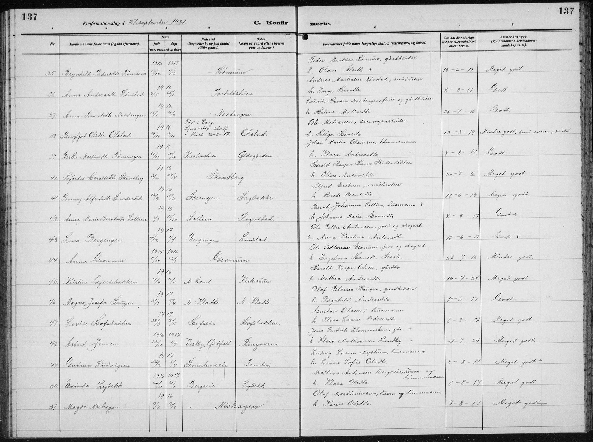 Biri prestekontor, AV/SAH-PREST-096/H/Ha/Hab/L0007: Parish register (copy) no. 7, 1919-1941, p. 137