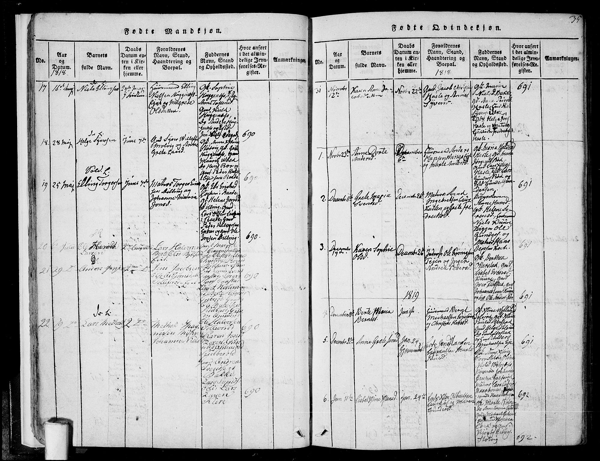 Rygge prestekontor Kirkebøker, AV/SAO-A-10084b/F/Fa/L0003: Parish register (official) no. 3, 1814-1836, p. 34-35