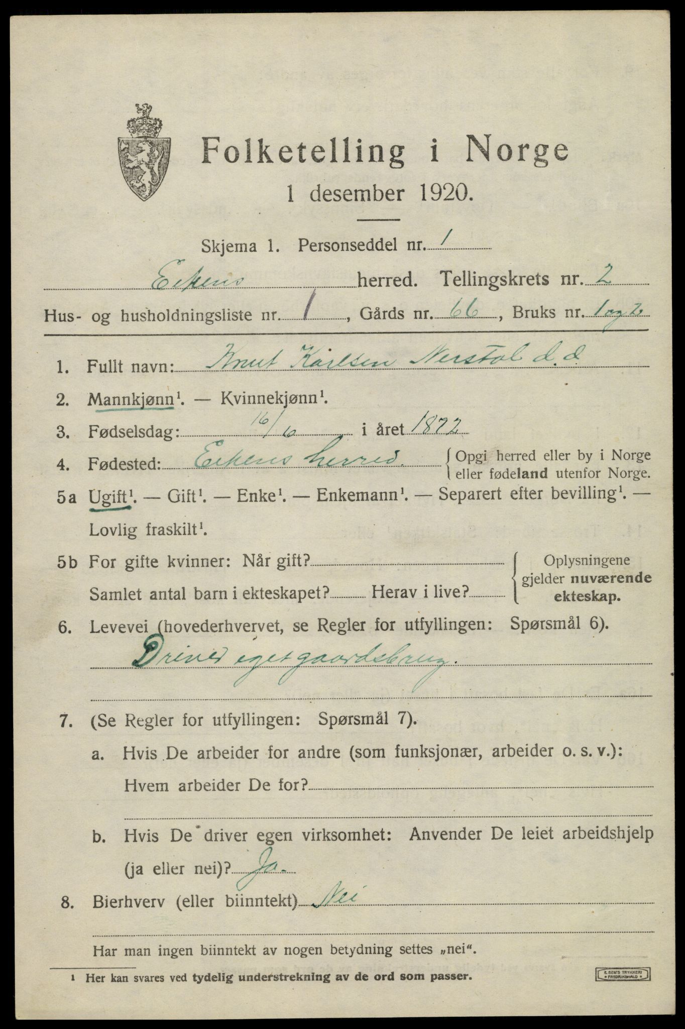 SAK, 1920 census for Eiken, 1920, p. 763