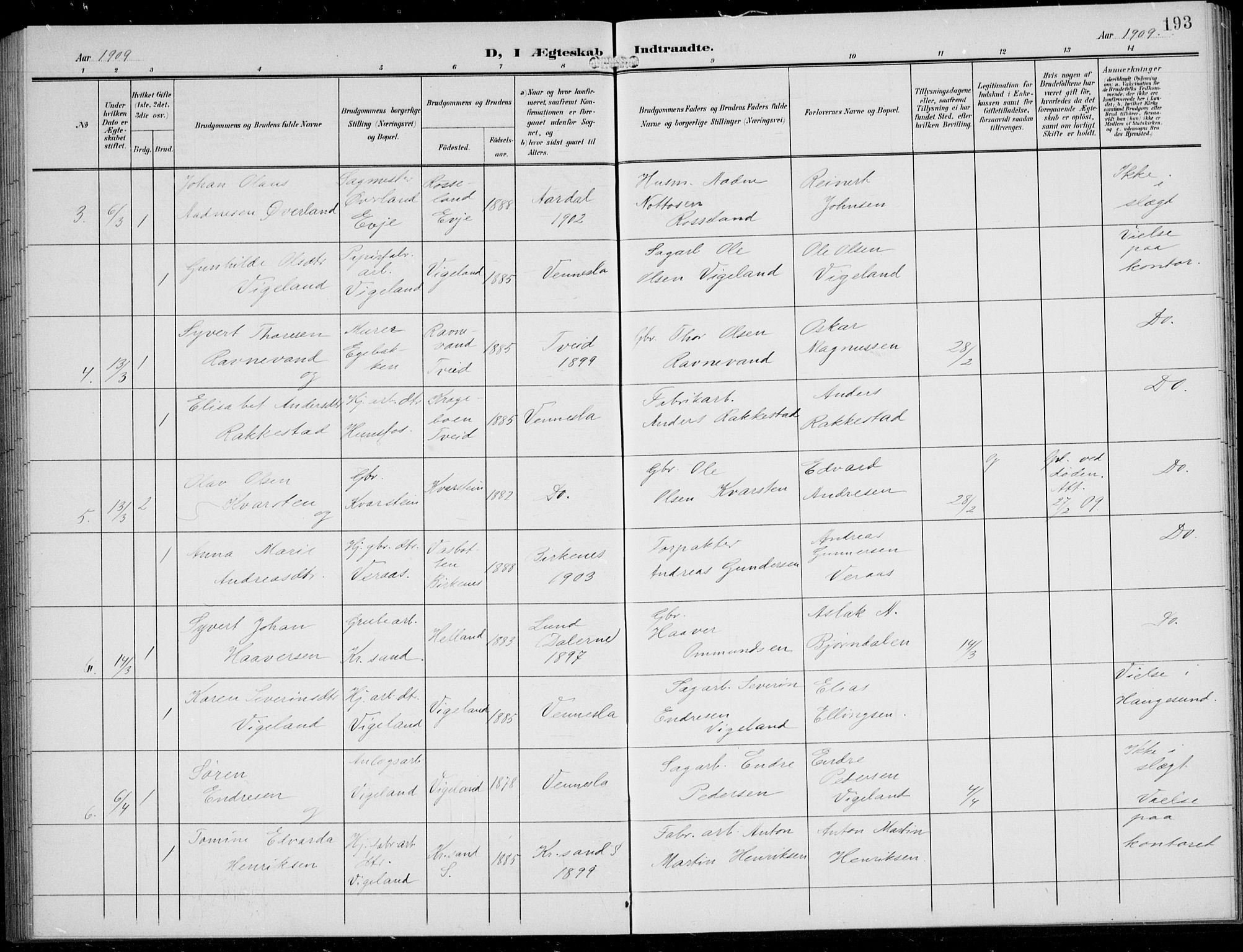 Vennesla sokneprestkontor, AV/SAK-1111-0045/Fb/Fbb/L0005: Parish register (copy) no. B 5, 1903-1913, p. 193