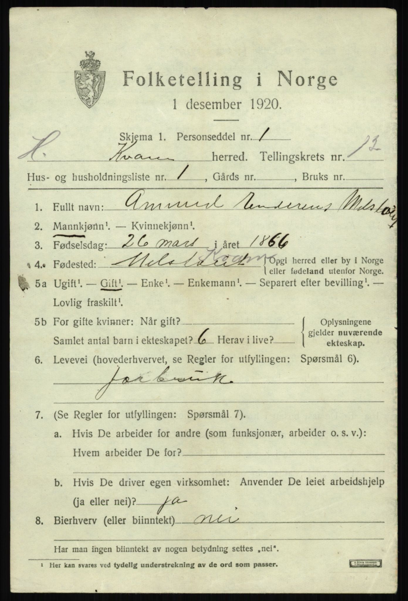 SAB, 1920 census for Kvam, 1920, p. 7511