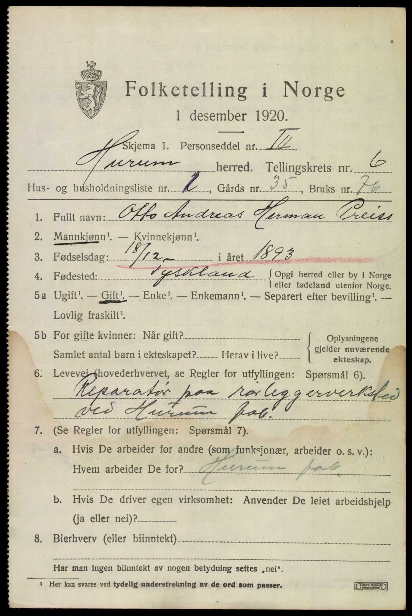 SAKO, 1920 census for Hurum, 1920, p. 7080