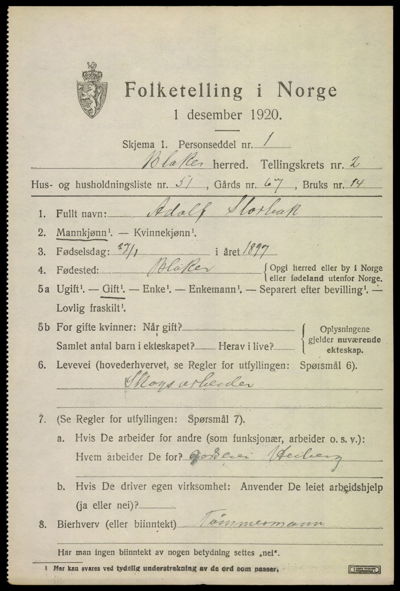 SAO, 1920 census for Blaker, 1920, p. 2019