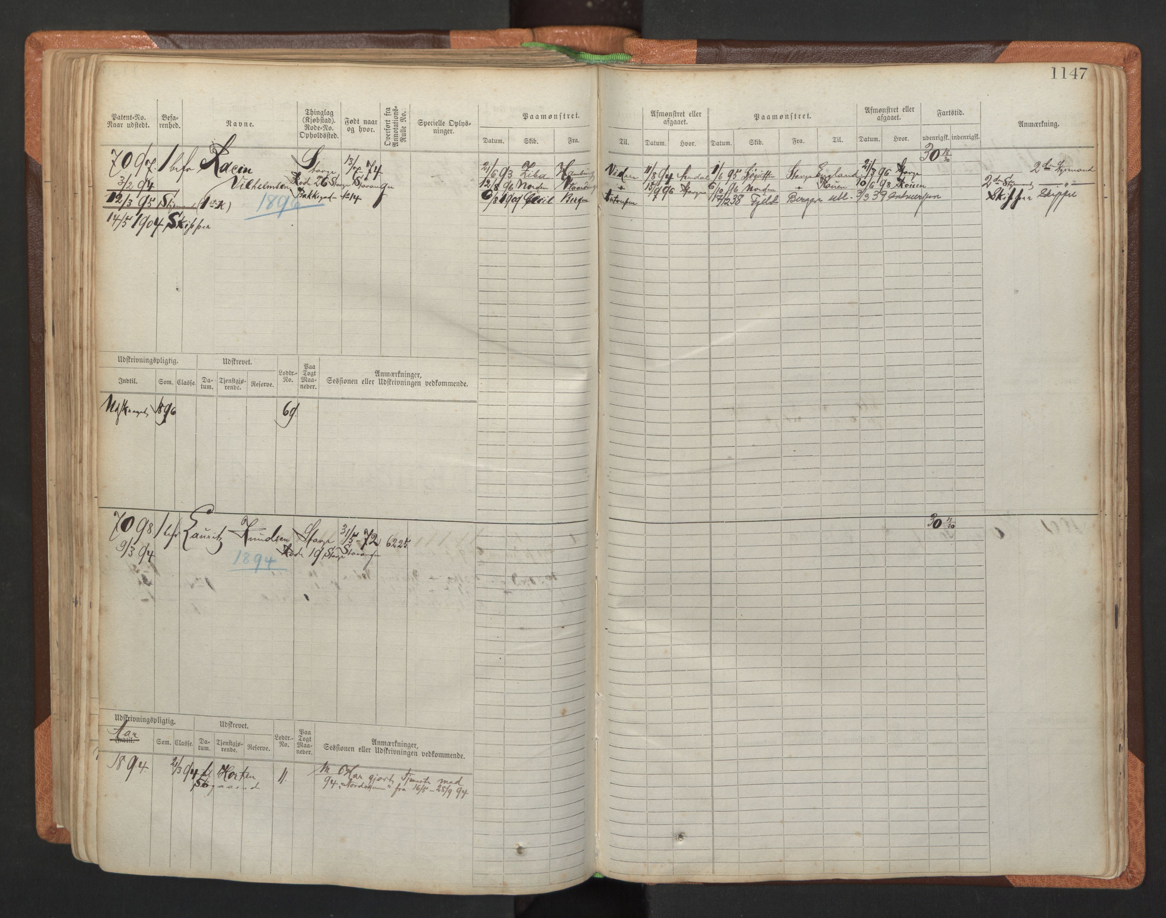 Stavanger sjømannskontor, SAST/A-102006/F/Fb/Fbb/L0011: Sjøfartshovedrulle, patentnr. 6607-7206 (del 2), 1887-1896, p. 250