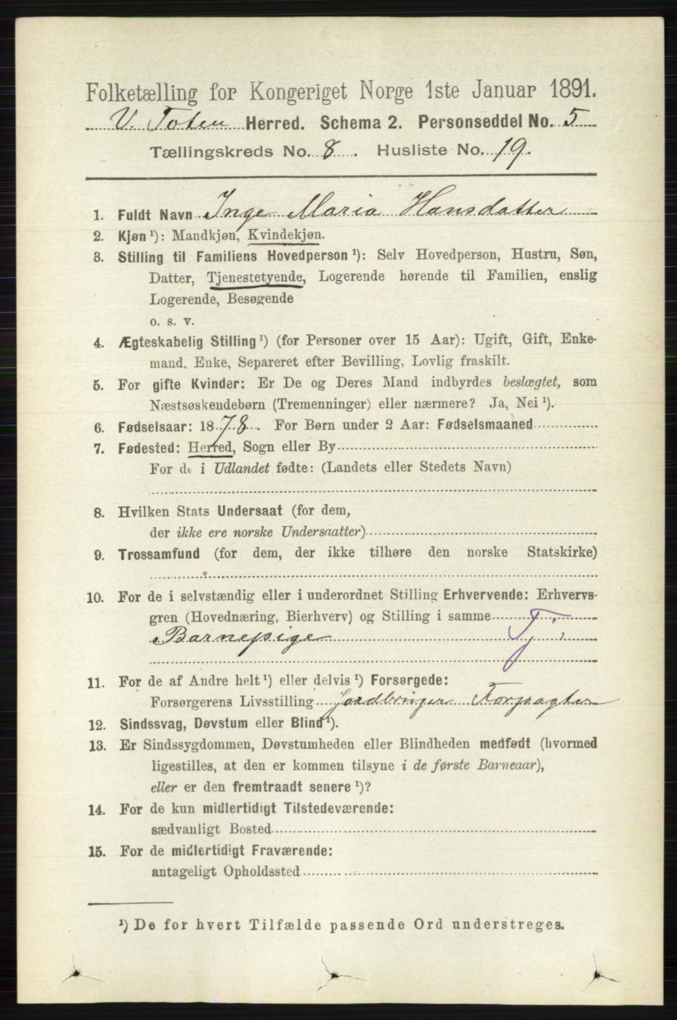 RA, 1891 census for 0529 Vestre Toten, 1891, p. 5110