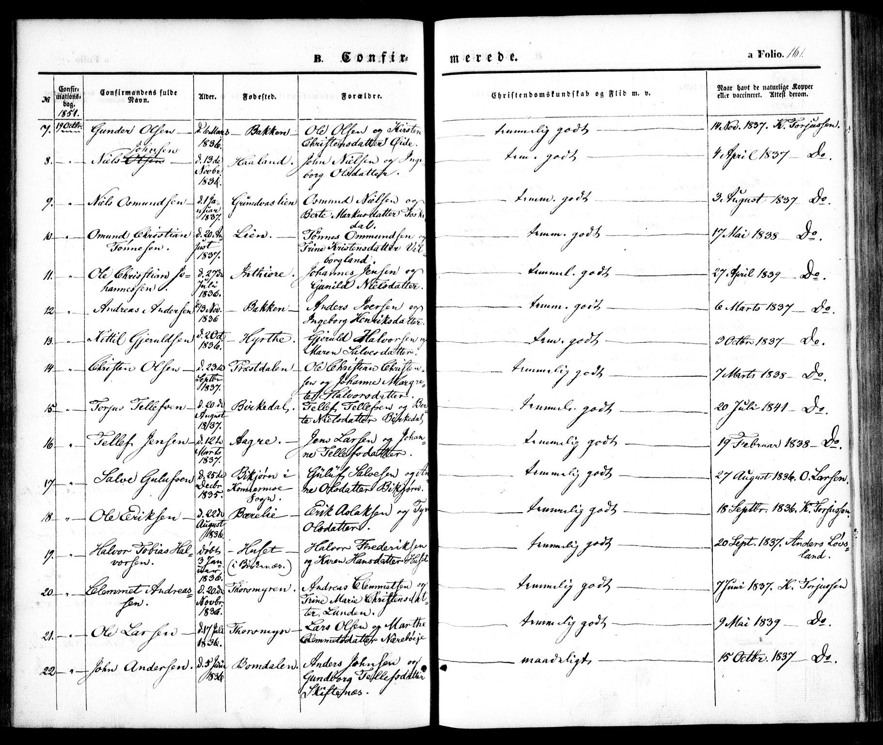 Hommedal sokneprestkontor, AV/SAK-1111-0023/F/Fa/Fab/L0004: Parish register (official) no. A 4, 1848-1860, p. 161