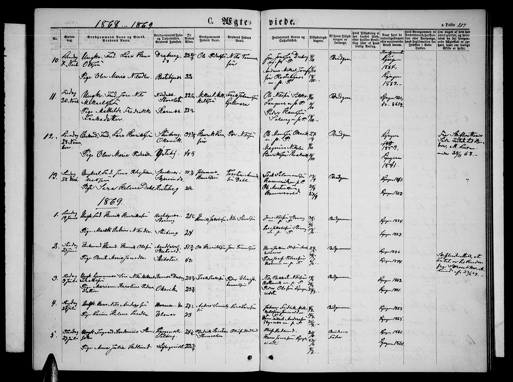 Lyngen sokneprestembete, SATØ/S-1289/H/He/Heb/L0004klokker: Parish register (copy) no. 4, 1868-1878, p. 207