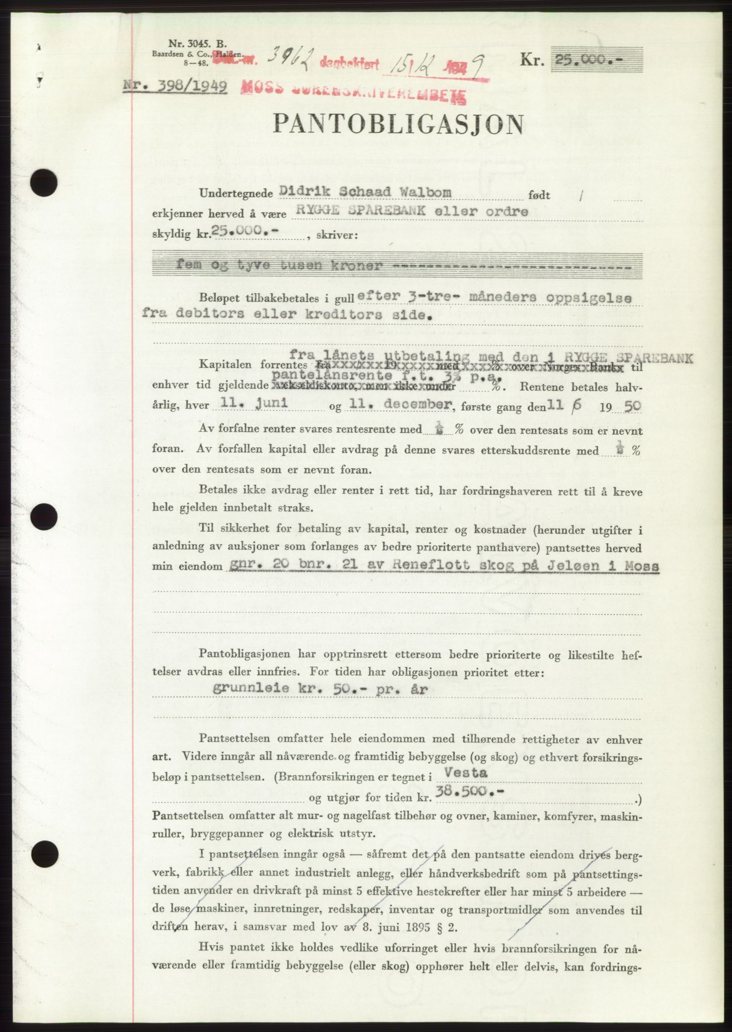 Moss sorenskriveri, SAO/A-10168: Mortgage book no. B23, 1949-1950, Diary no: : 3962/1949