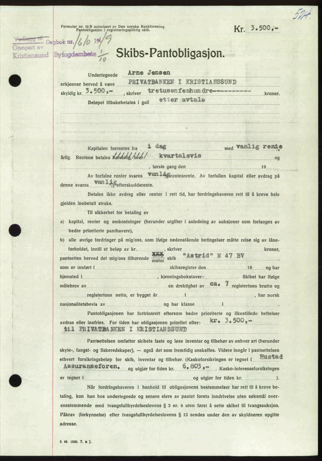 Kristiansund byfogd, AV/SAT-A-4587/A/27: Mortgage book no. 45, 1948-1949, Diary no: : 1610/1949