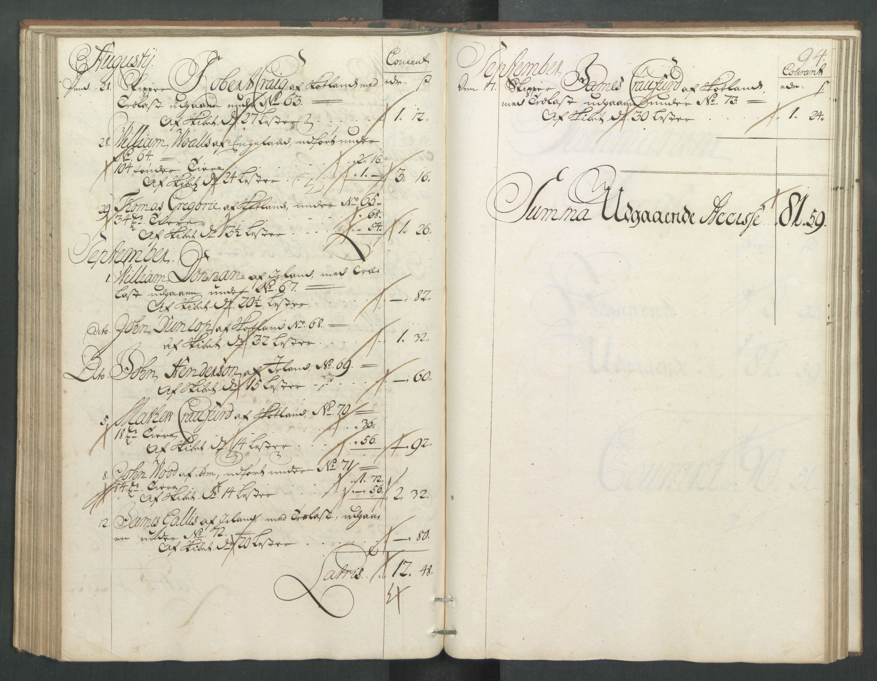 Generaltollkammeret, tollregnskaper, RA/EA-5490/R32/L0005/0001: Tollregnskaper Kristiansund / Hovedtollbok, 1733, p. 93b-94a