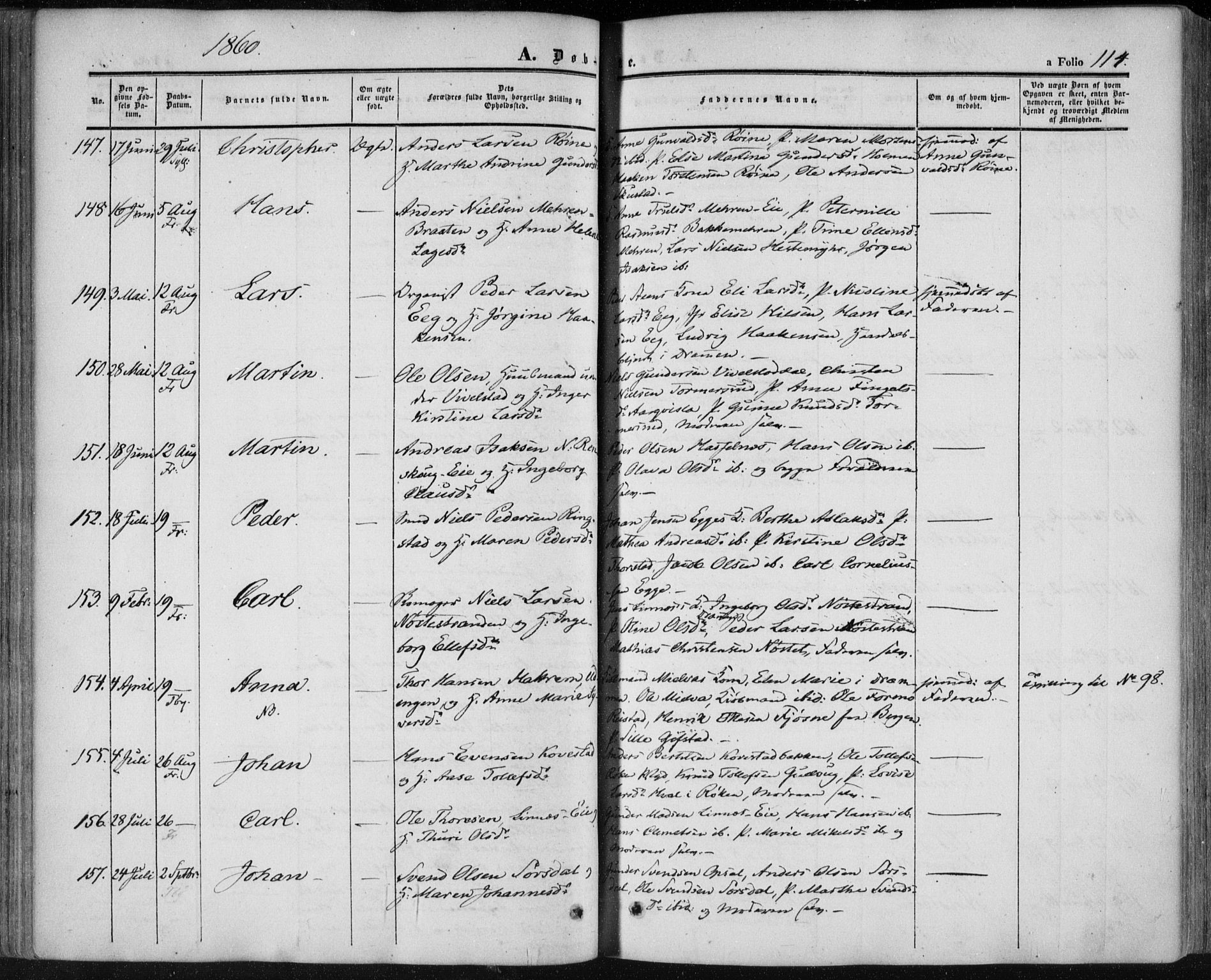 Lier kirkebøker, SAKO/A-230/F/Fa/L0012: Parish register (official) no. I 12, 1854-1864, p. 114