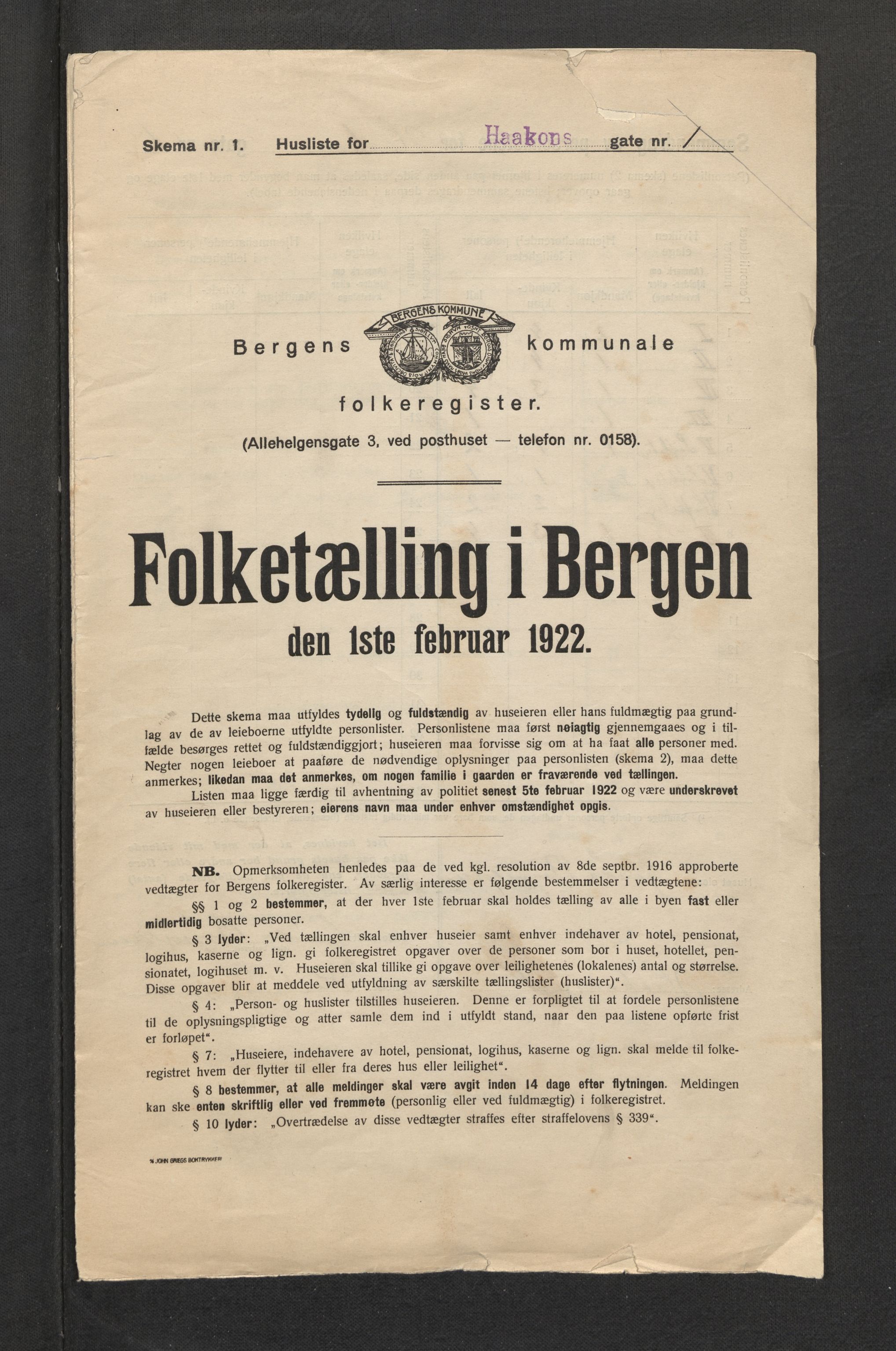 SAB, Municipal Census 1922 for Bergen, 1922, p. 11660