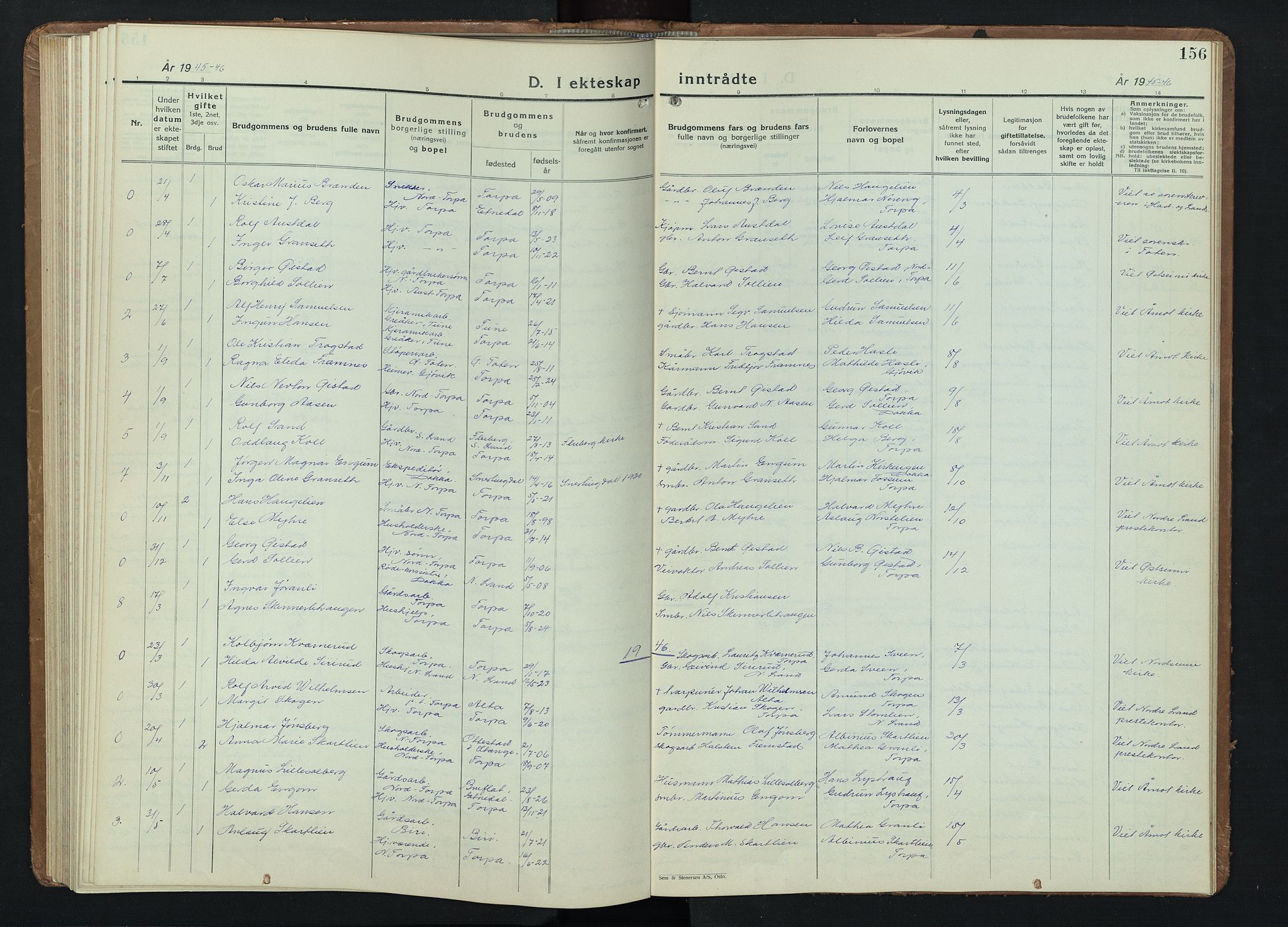 Nordre Land prestekontor, SAH/PREST-124/H/Ha/Hab/L0004: Parish register (copy) no. 4, 1935-1954, p. 156