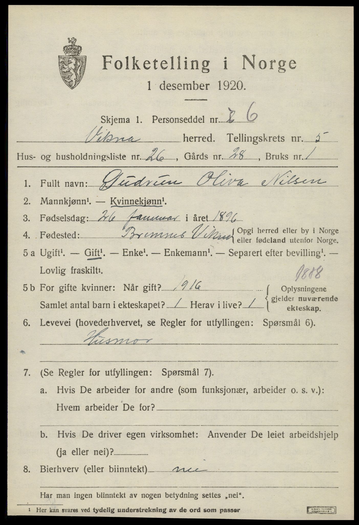 SAT, 1920 census for Vikna, 1920, p. 4991