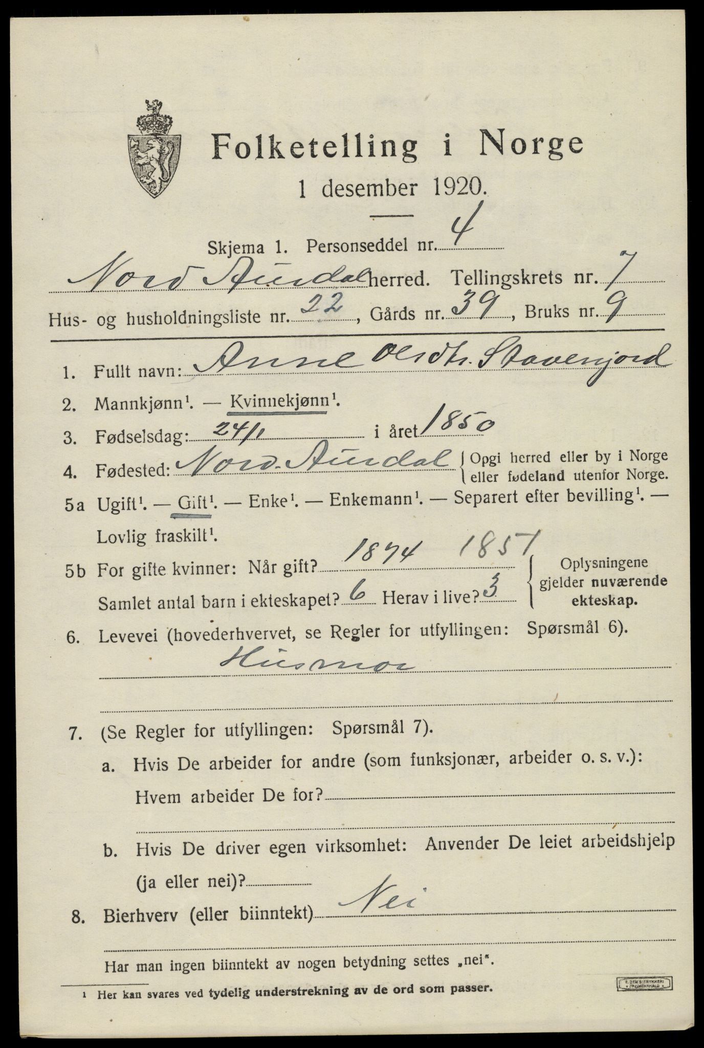 SAH, 1920 census for Nord-Aurdal, 1920, p. 6214