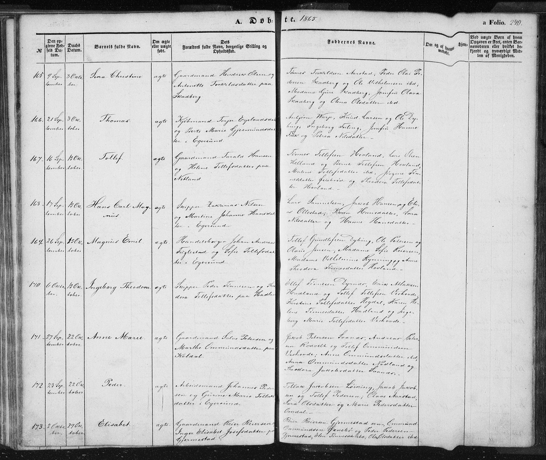 Eigersund sokneprestkontor, SAST/A-101807/S08/L0012: Parish register (official) no. A 12.1, 1850-1865, p. 240