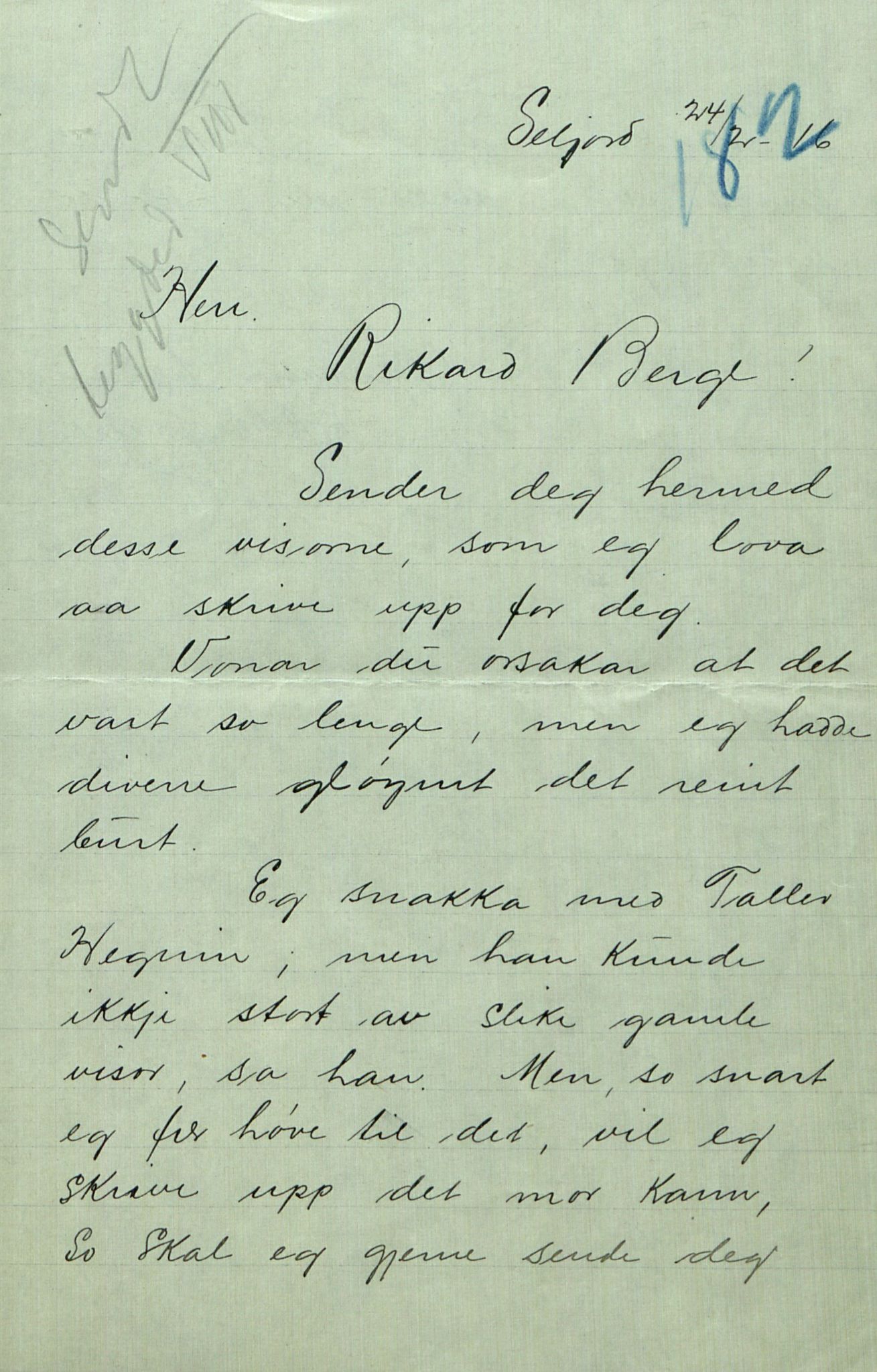 Rikard Berge, TEMU/TGM-A-1003/F/L0008/0012: 300-340 / 311 Brev, også viser og noen regler og rim. Skikker fra Valdres, 1913, p. 182