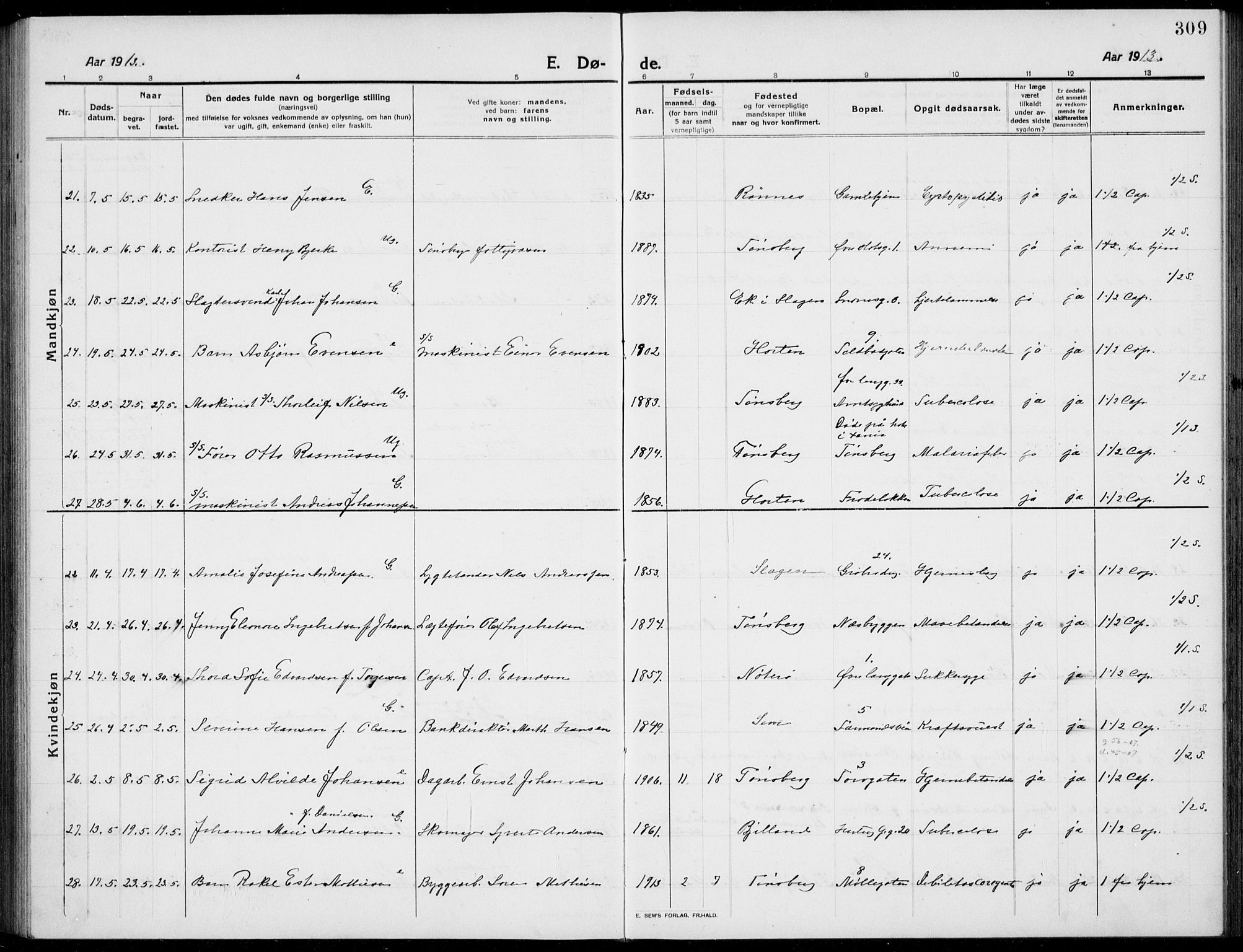 Tønsberg kirkebøker, AV/SAKO-A-330/G/Ga/L0009: Parish register (copy) no. 9, 1913-1920, p. 309