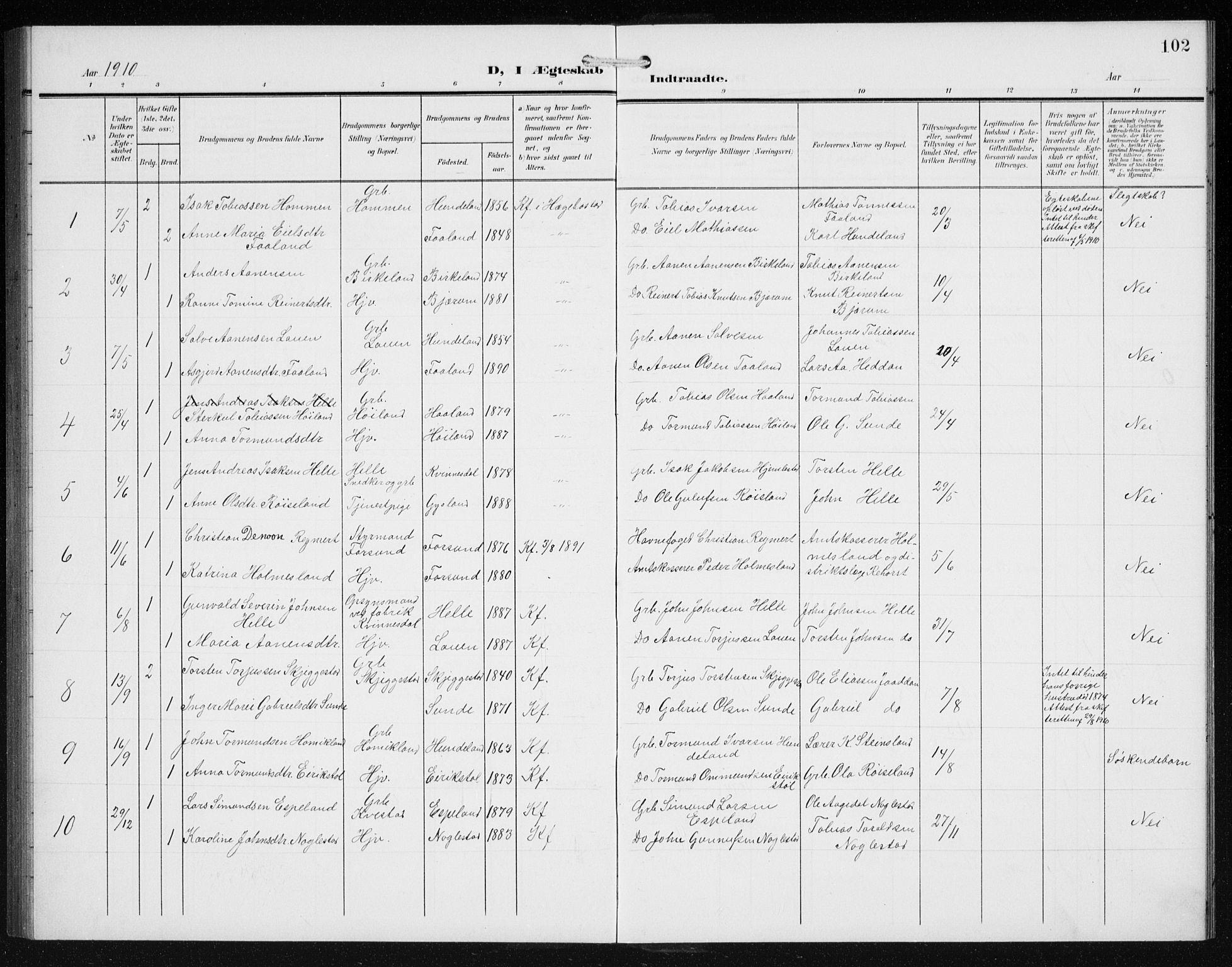 Hægebostad sokneprestkontor, SAK/1111-0024/F/Fb/Fba/L0005: Parish register (copy) no. B 5, 1907-1931, p. 102