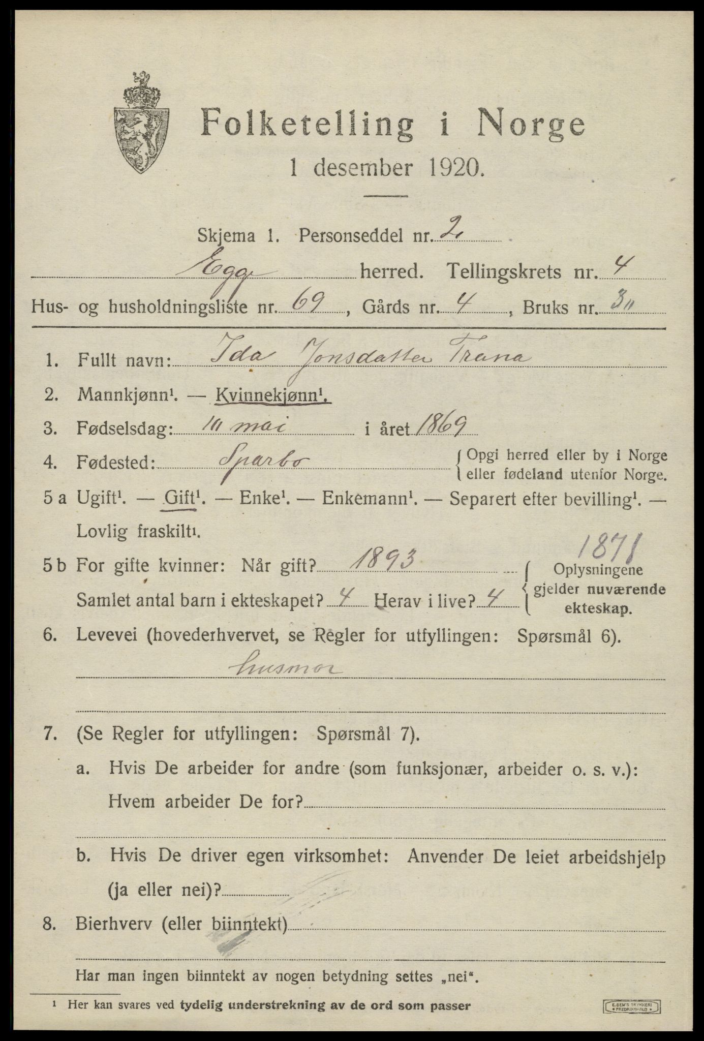 SAT, 1920 census for Egge, 1920, p. 3306