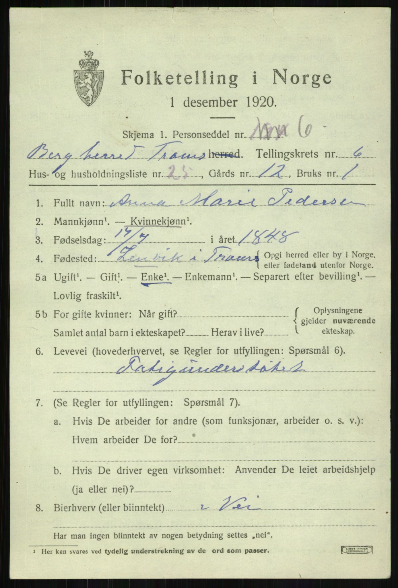 SATØ, 1920 census for Berg, 1920, p. 2430