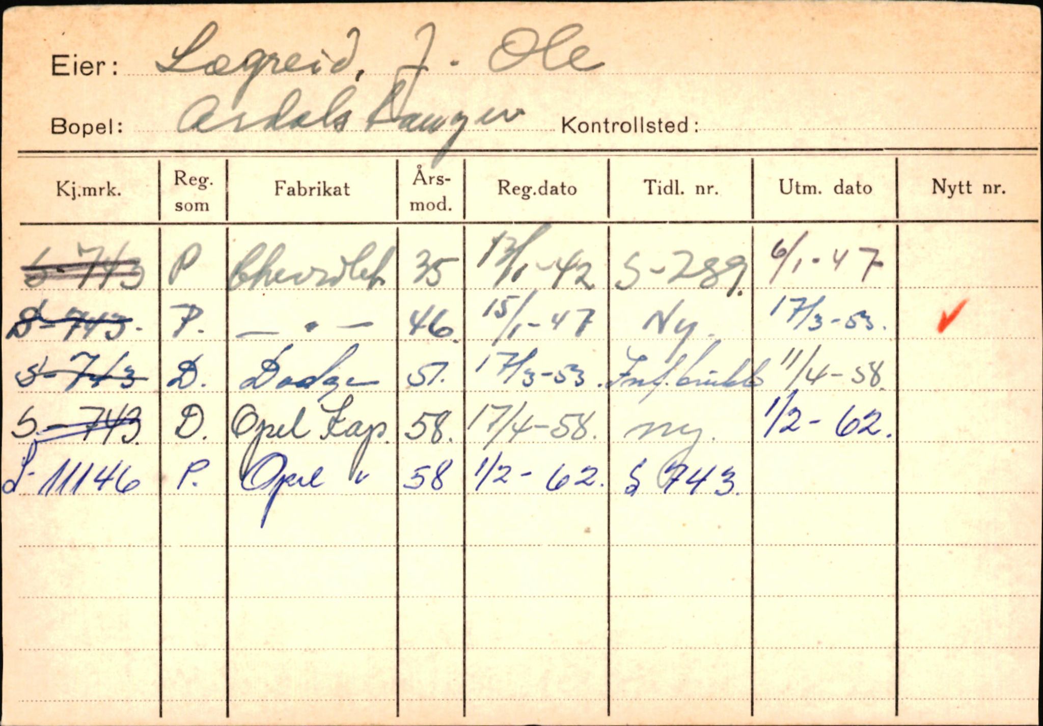 Statens vegvesen, Sogn og Fjordane vegkontor, AV/SAB-A-5301/4/F/L0145: Registerkort Vågsøy S-Å. Årdal I-P, 1945-1975, p. 1565