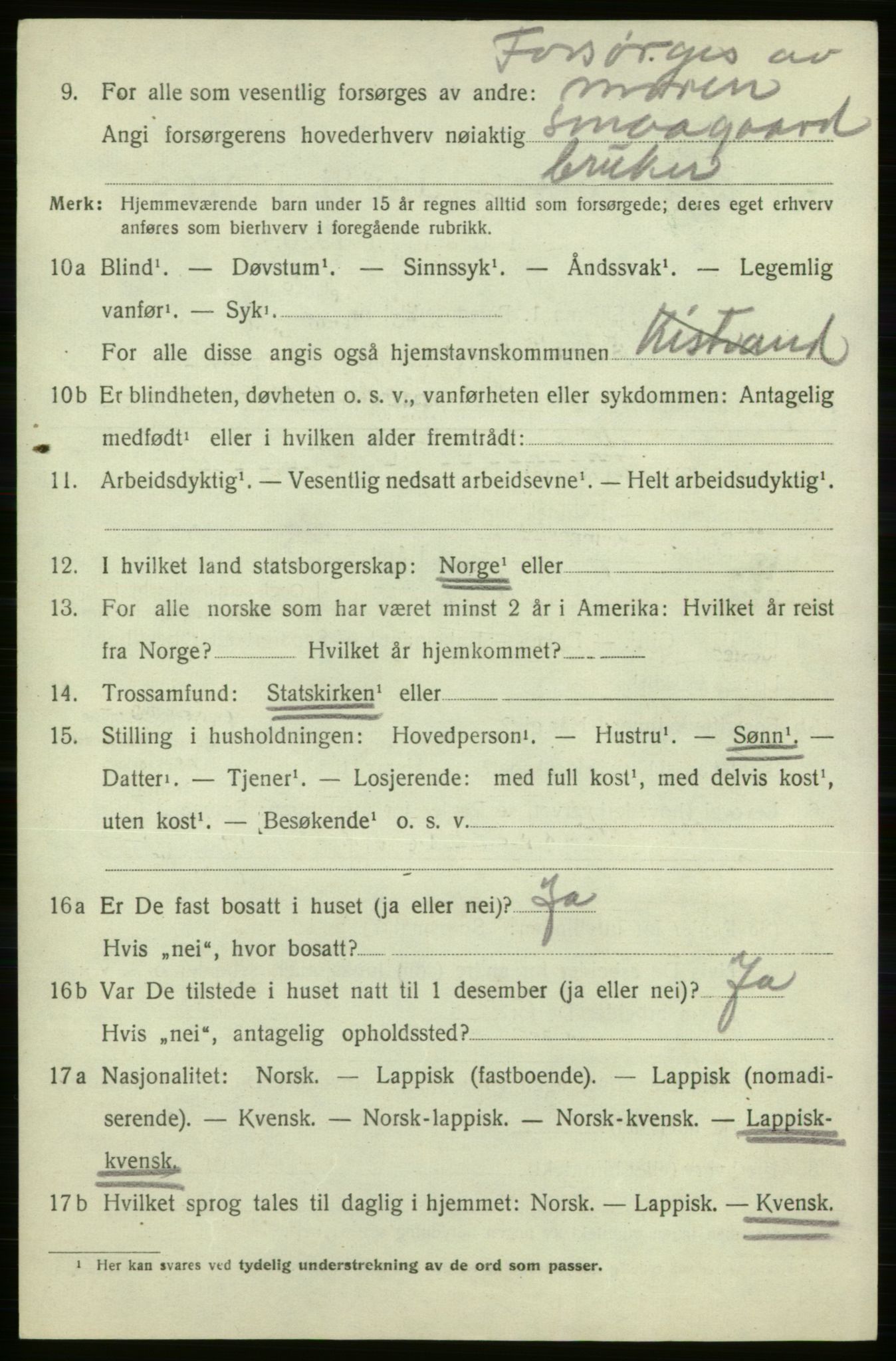 SATØ, 1920 census for Kistrand, 1920, p. 4423