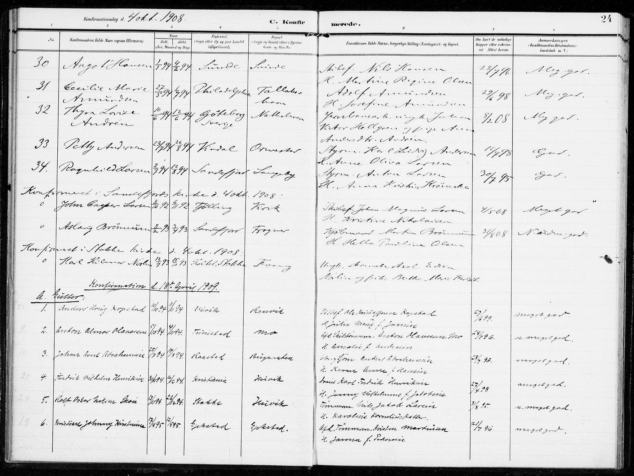 Sandar kirkebøker, SAKO/A-243/F/Fa/L0017: Parish register (official) no. 17, 1907-1917, p. 24