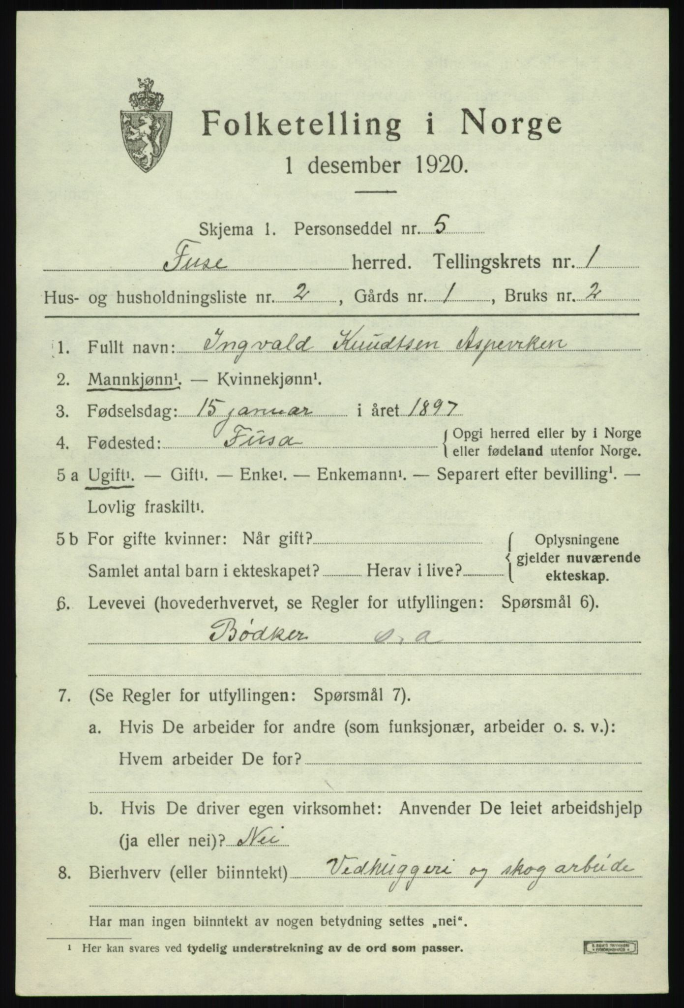 SAB, 1920 census for Fusa, 1920, p. 461