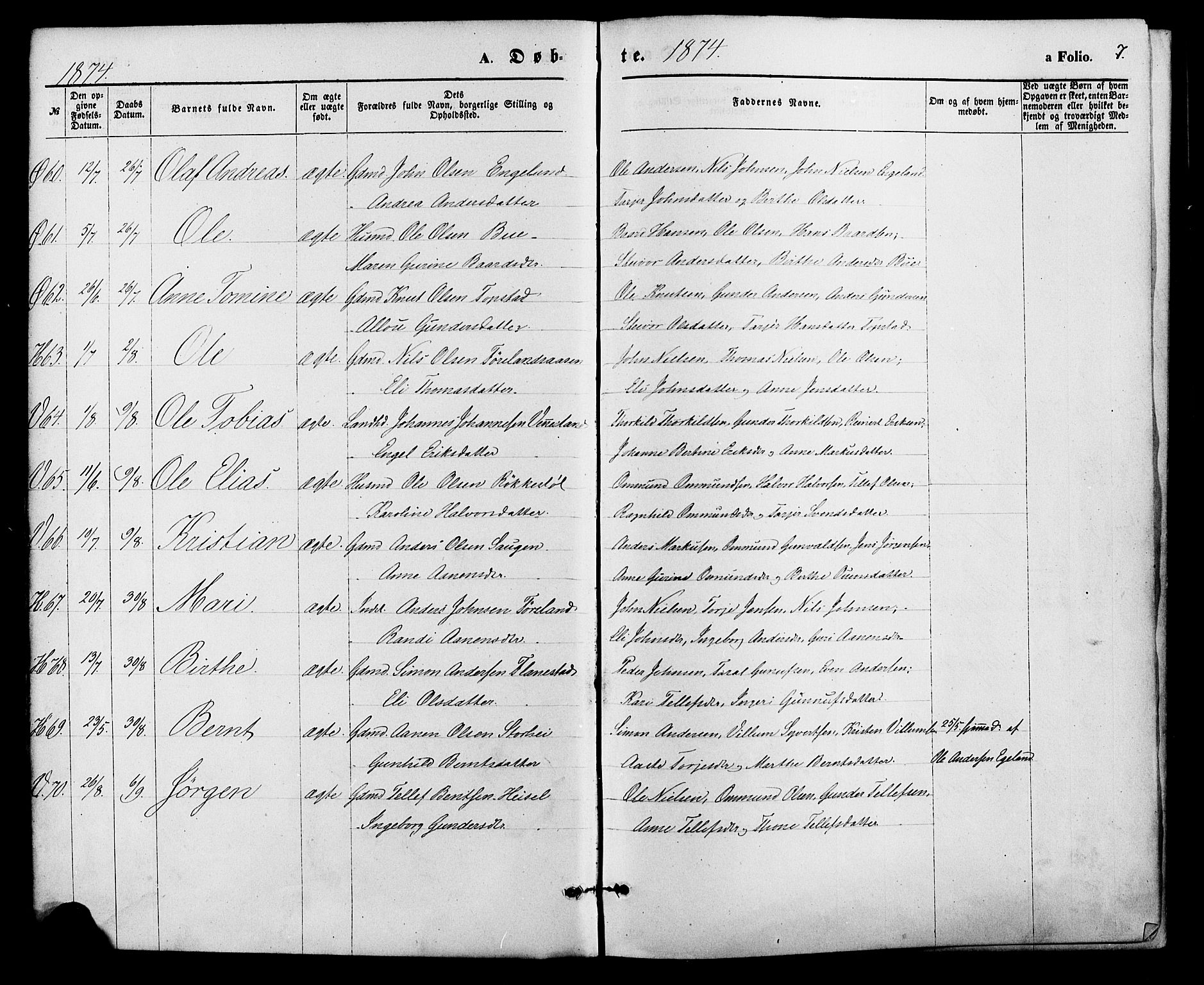 Vennesla sokneprestkontor, AV/SAK-1111-0045/Fa/Fac/L0008: Parish register (official) no. A 8, 1874-1883, p. 7