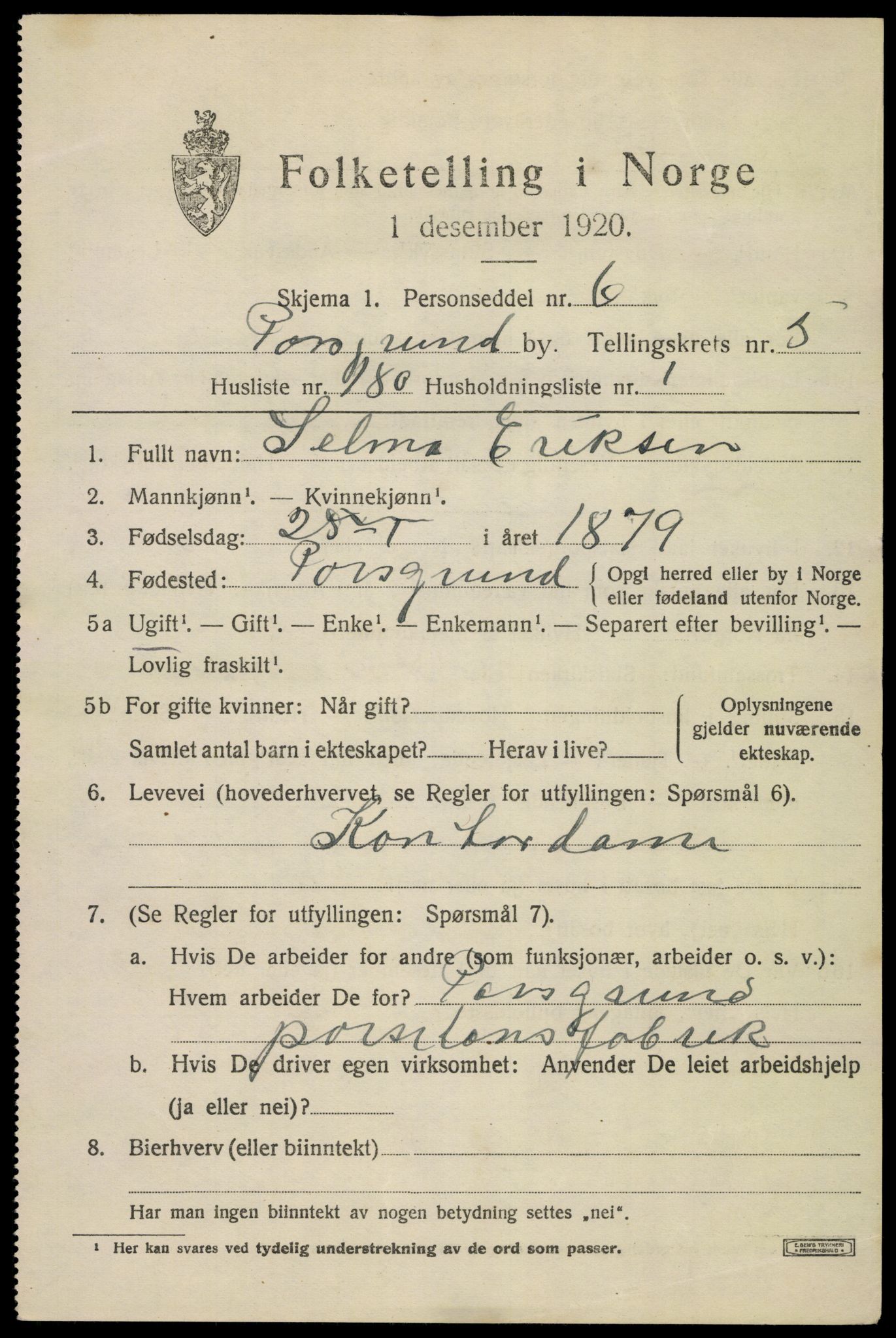 SAKO, 1920 census for Porsgrunn, 1920, p. 24401