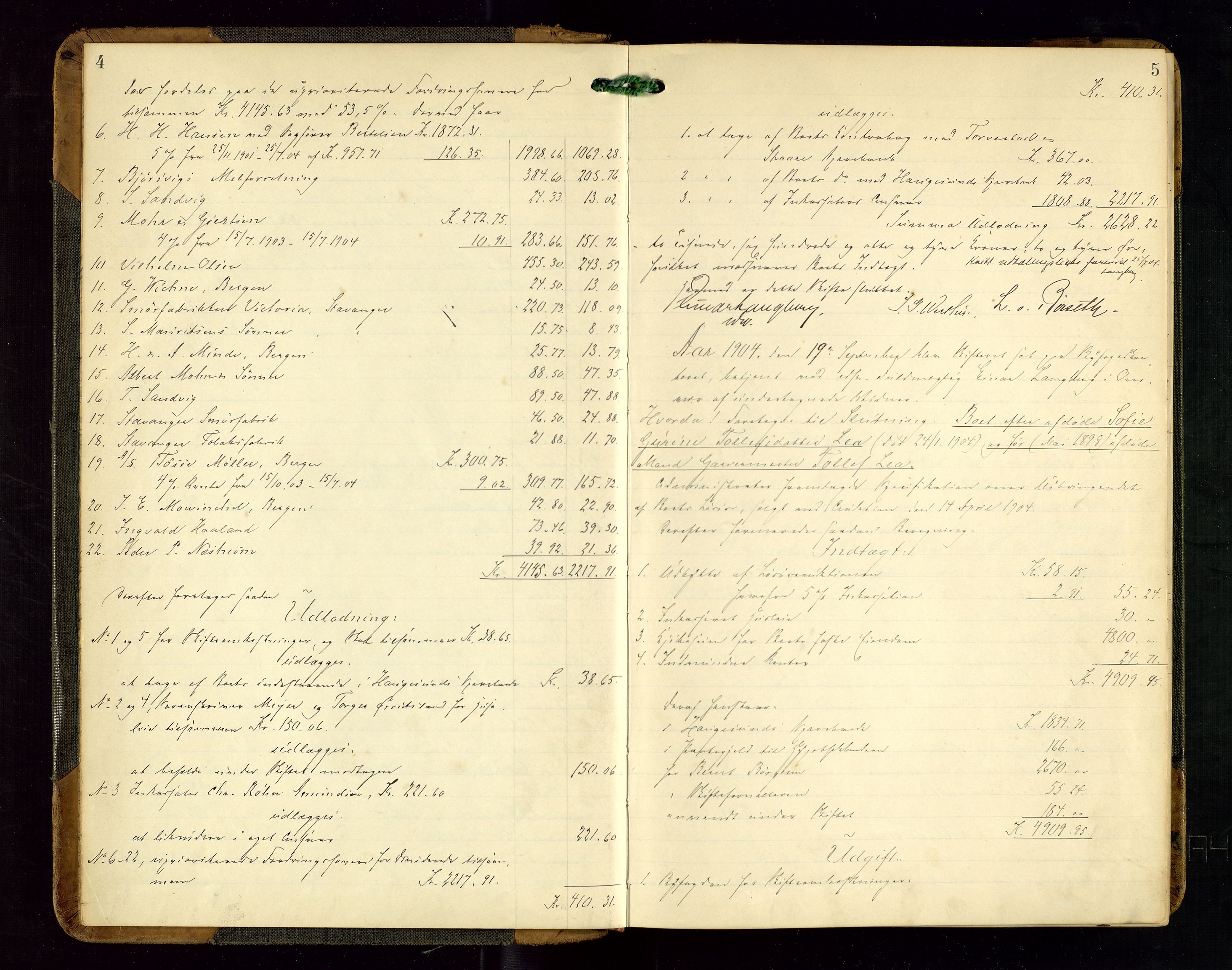 Haugesund tingrett, AV/SAST-A-101415/01/IV/IVD/L0002: Skifteutlodningsprotokoll, med register, 1904-1915, p. 4-5