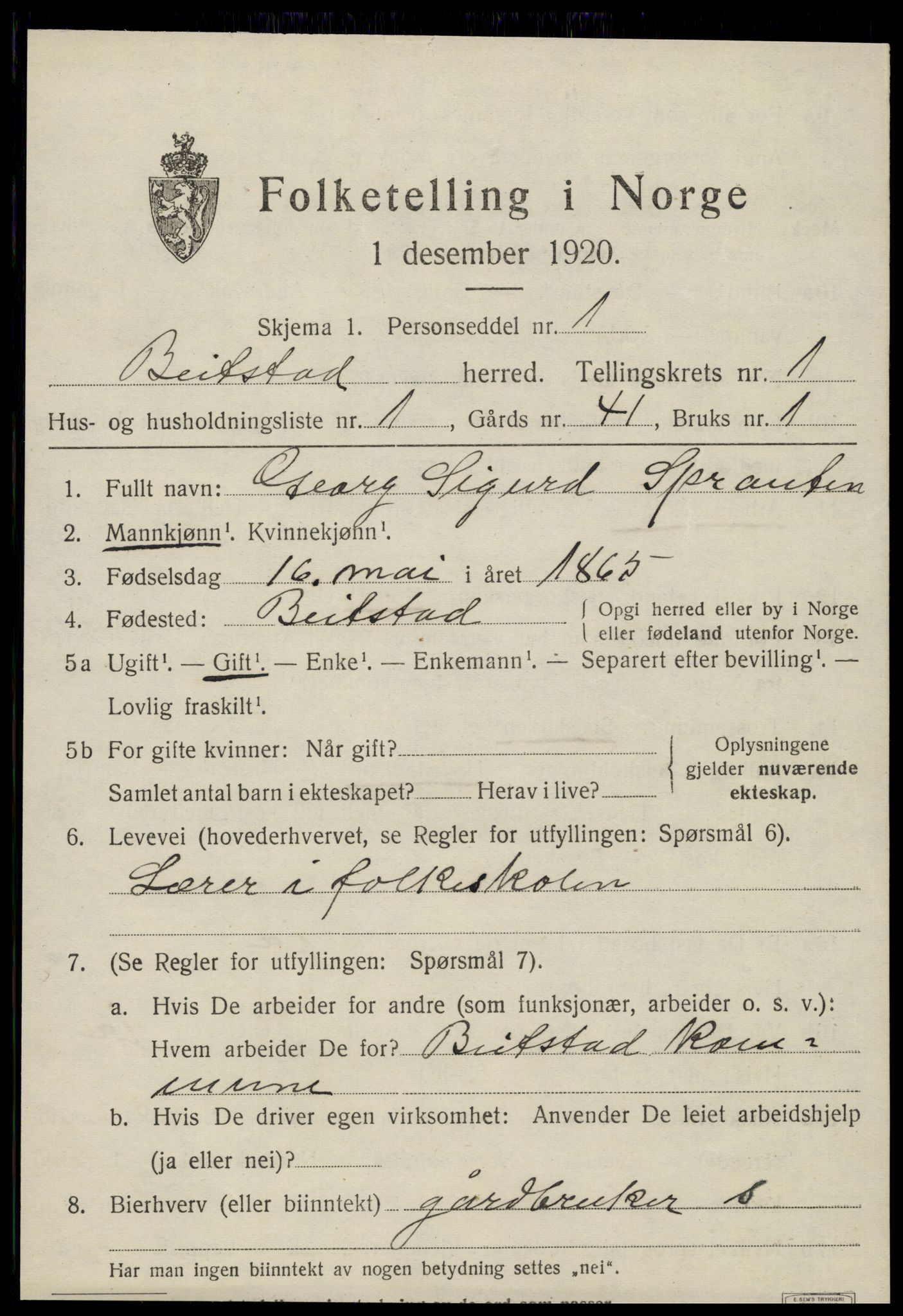 SAT, 1920 census for Beitstad, 1920, p. 751