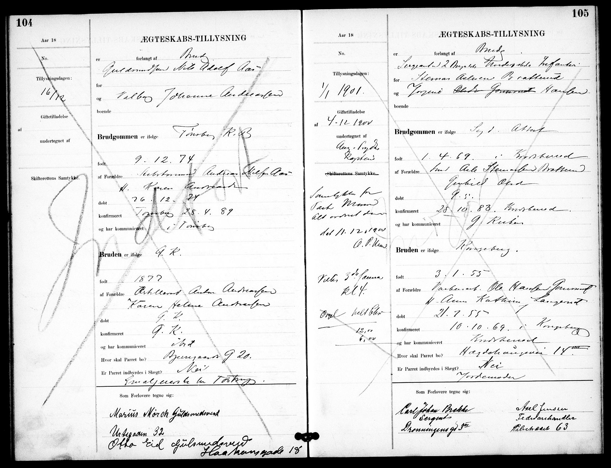 Garnisonsmenigheten Kirkebøker, SAO/A-10846/H/Ha/L0008: Banns register no. I 8, 1894-1908, p. 104-105