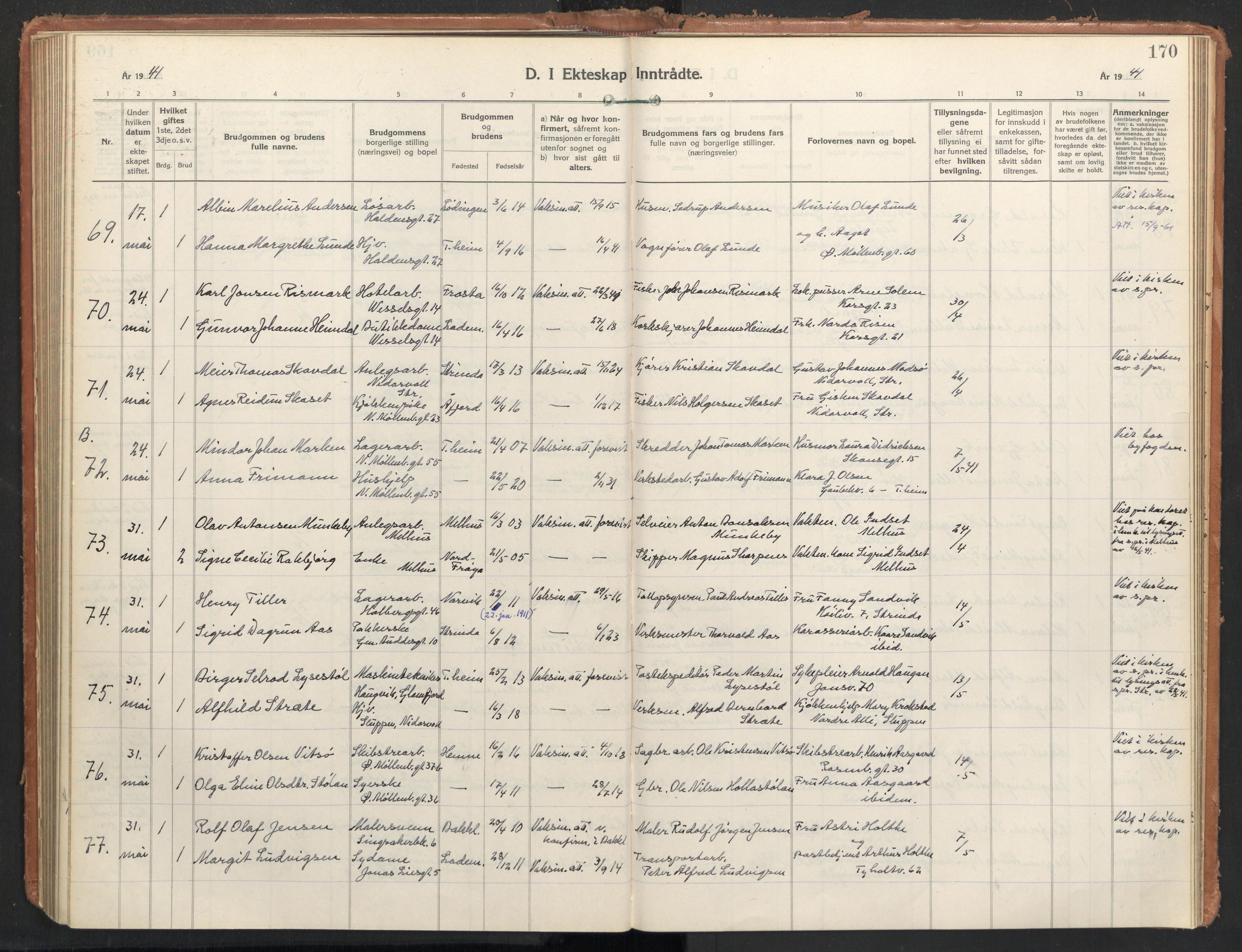 Ministerialprotokoller, klokkerbøker og fødselsregistre - Sør-Trøndelag, AV/SAT-A-1456/604/L0209: Parish register (official) no. 604A29, 1931-1945, p. 170