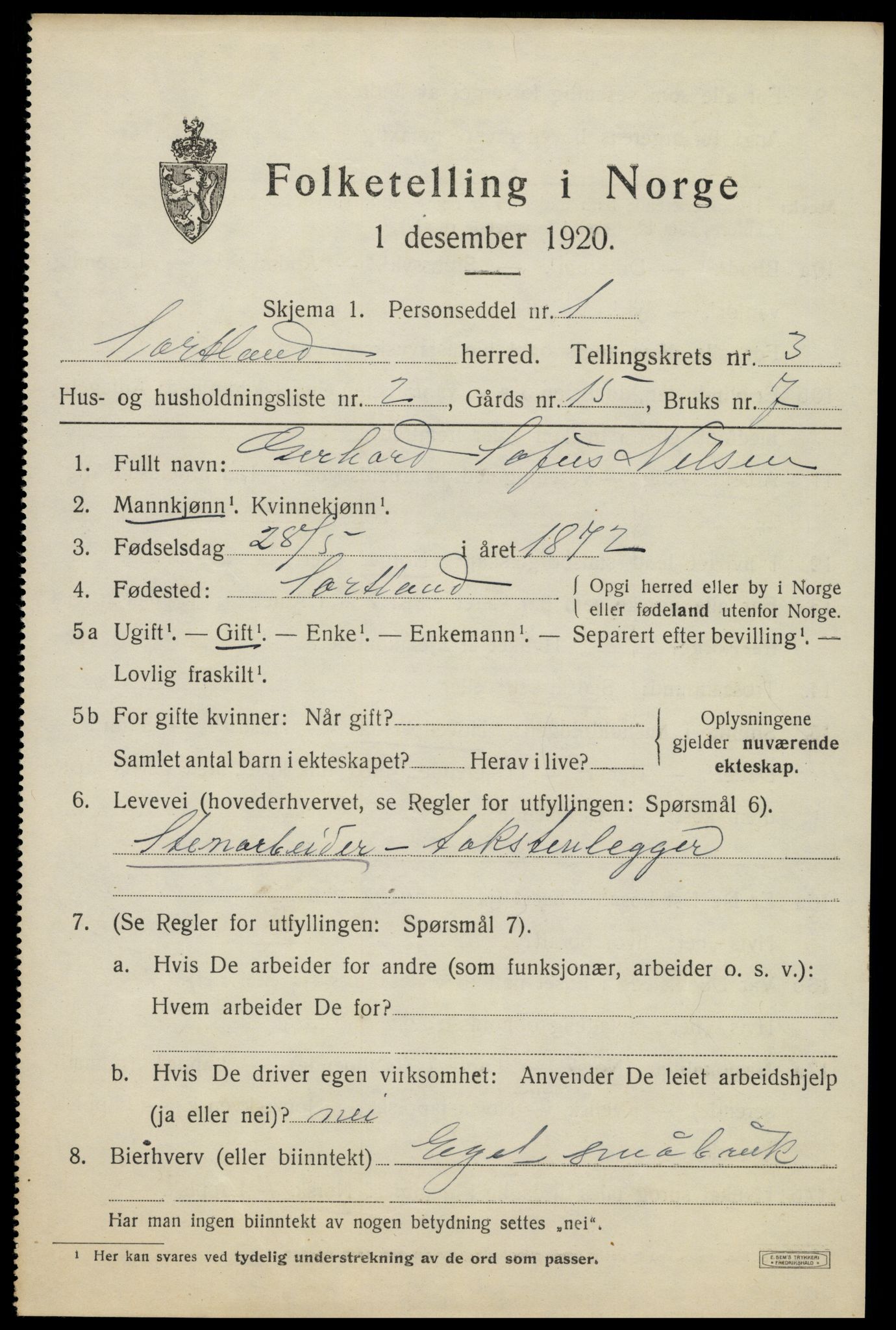 SAT, 1920 census for Sortland, 1920, p. 3624