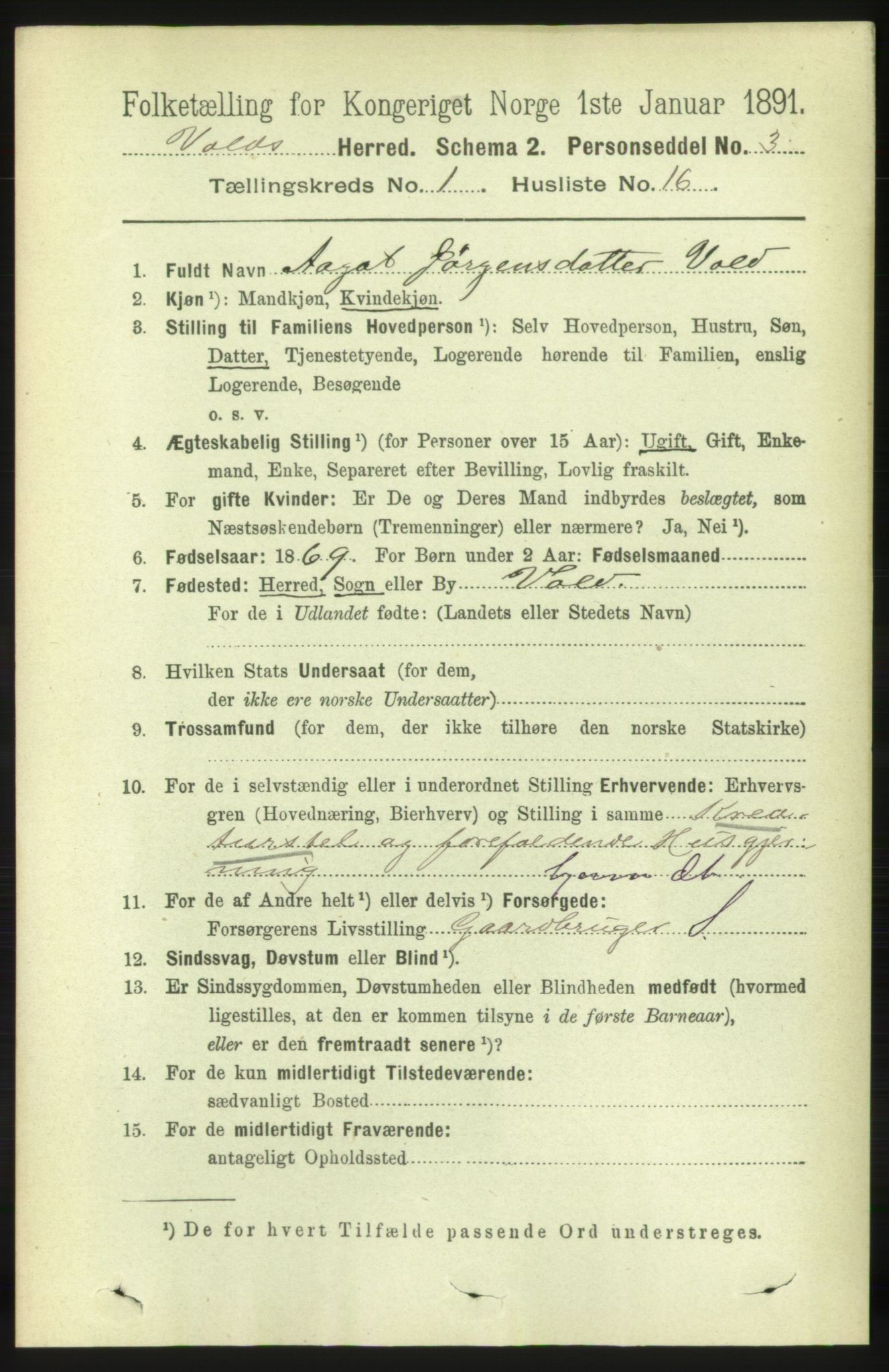 RA, 1891 census for 1537 Voll, 1891, p. 190