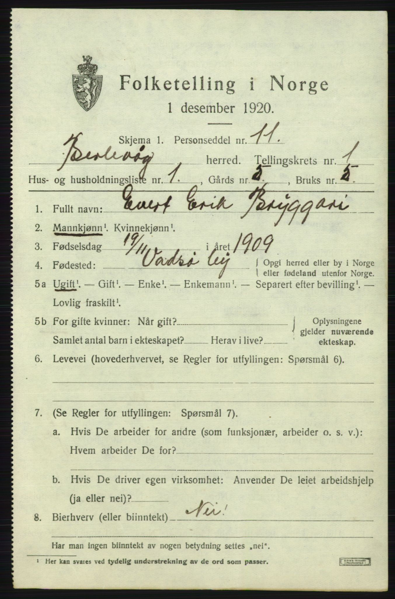 SATØ, 1920 census for Berlevåg, 1920, p. 425