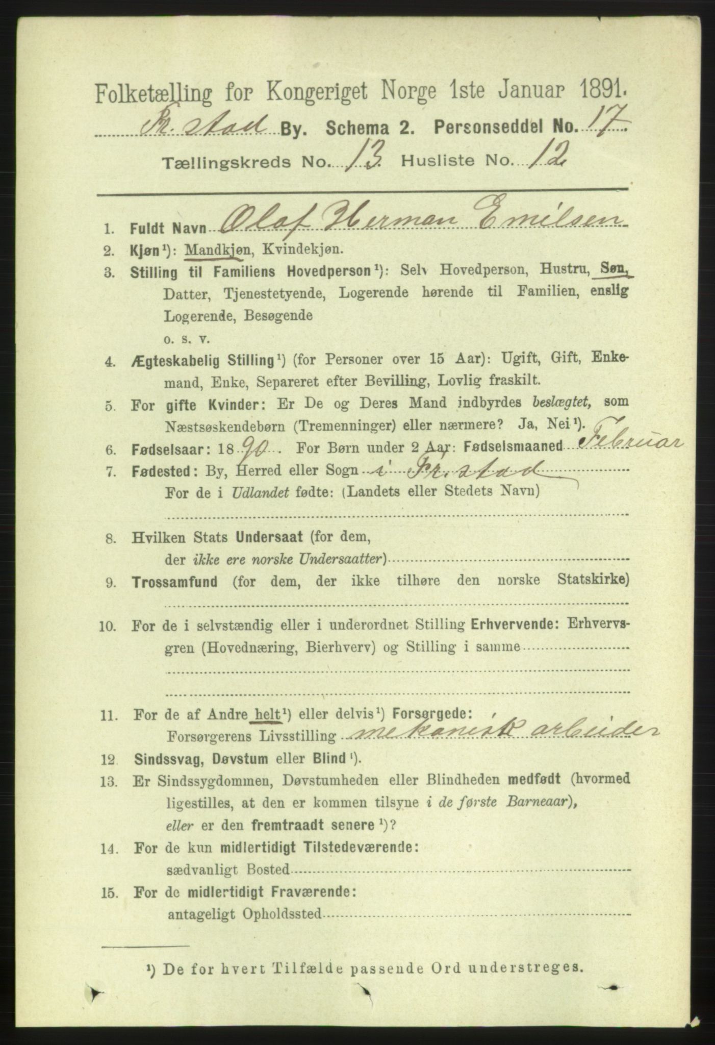 RA, 1891 census for 0103 Fredrikstad, 1891, p. 14519