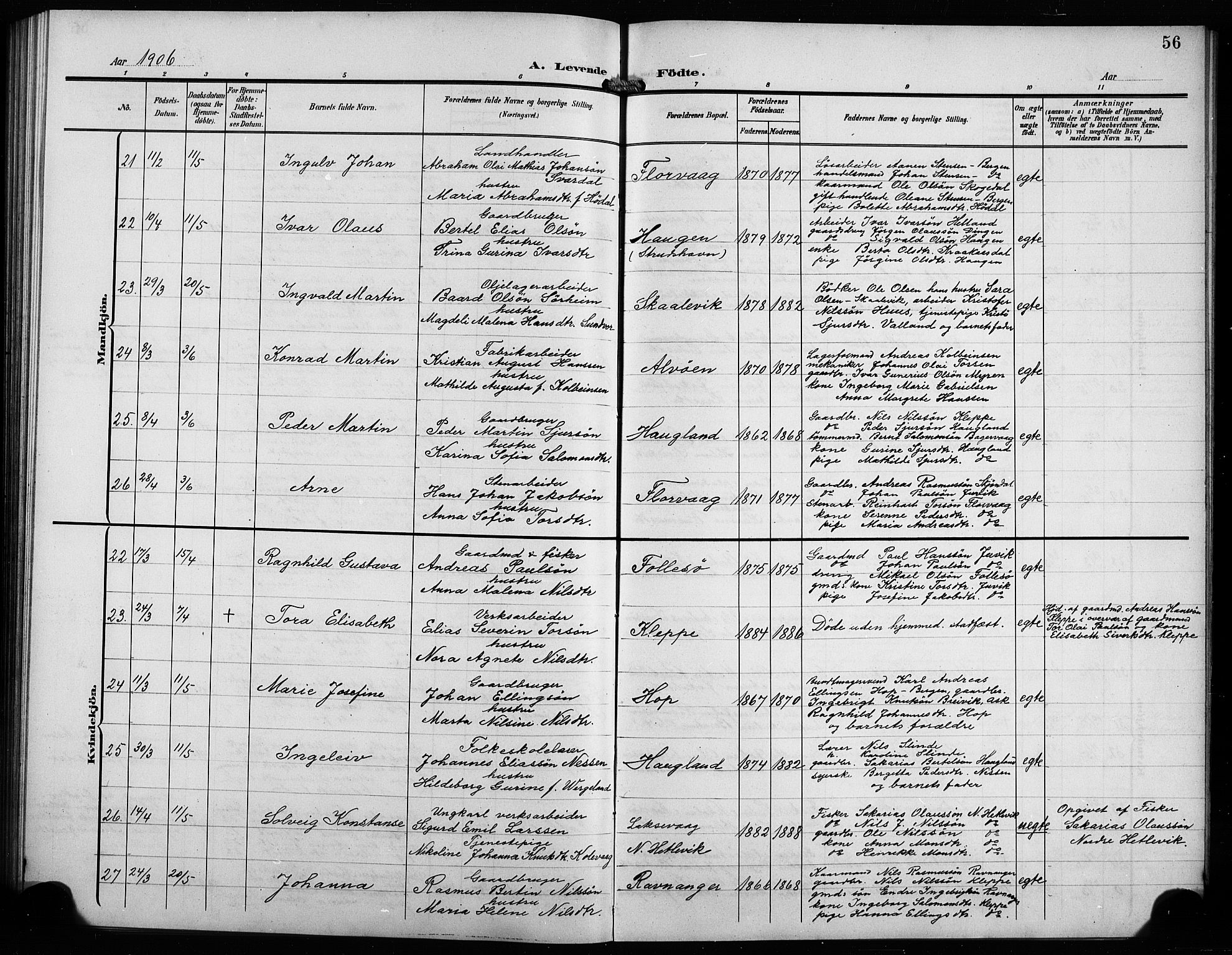 Askøy Sokneprestembete, AV/SAB-A-74101/H/Ha/Hab/Haba/L0010: Parish register (copy) no. A 10, 1903-1907, p. 56