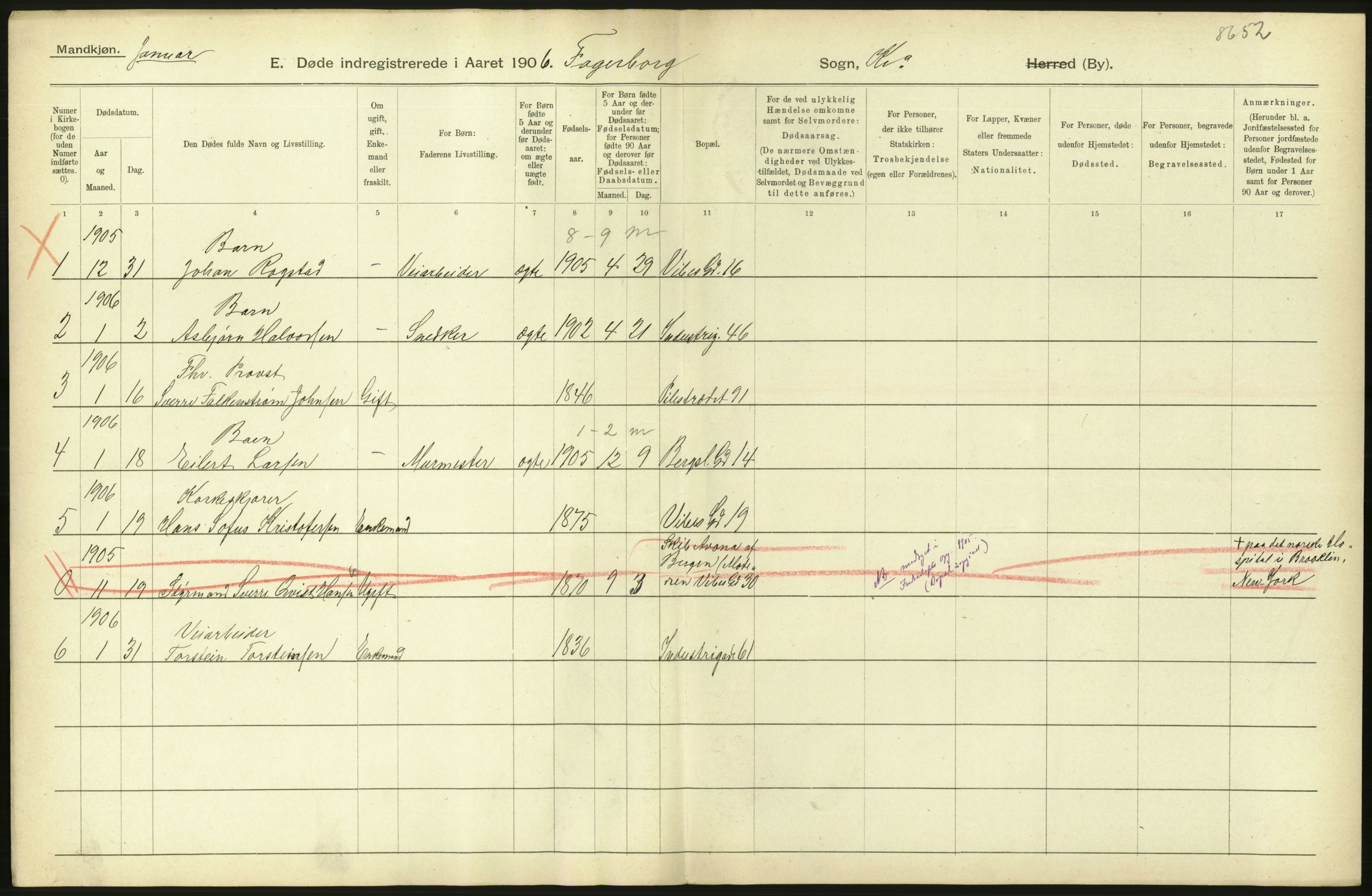 Statistisk sentralbyrå, Sosiodemografiske emner, Befolkning, AV/RA-S-2228/D/Df/Dfa/Dfad/L0010: Kristiania: Døde, dødfødte, 1906, p. 146