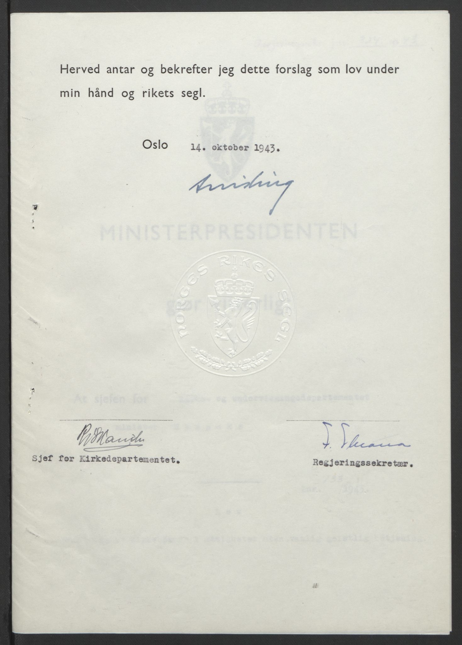 NS-administrasjonen 1940-1945 (Statsrådsekretariatet, de kommisariske statsråder mm), RA/S-4279/D/Db/L0099: Lover, 1943, p. 623