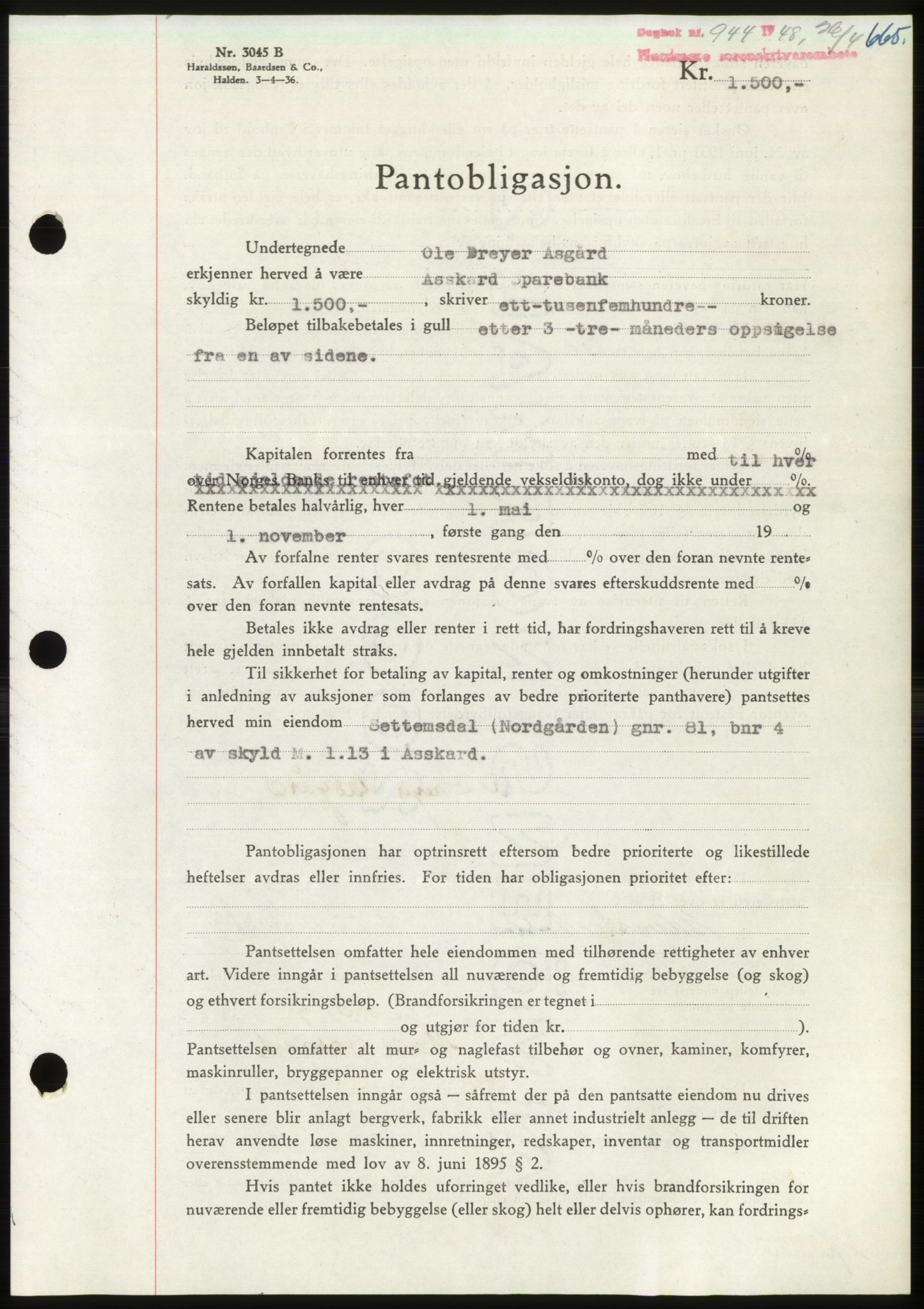 Nordmøre sorenskriveri, AV/SAT-A-4132/1/2/2Ca: Mortgage book no. B98, 1948-1948, Diary no: : 944/1948