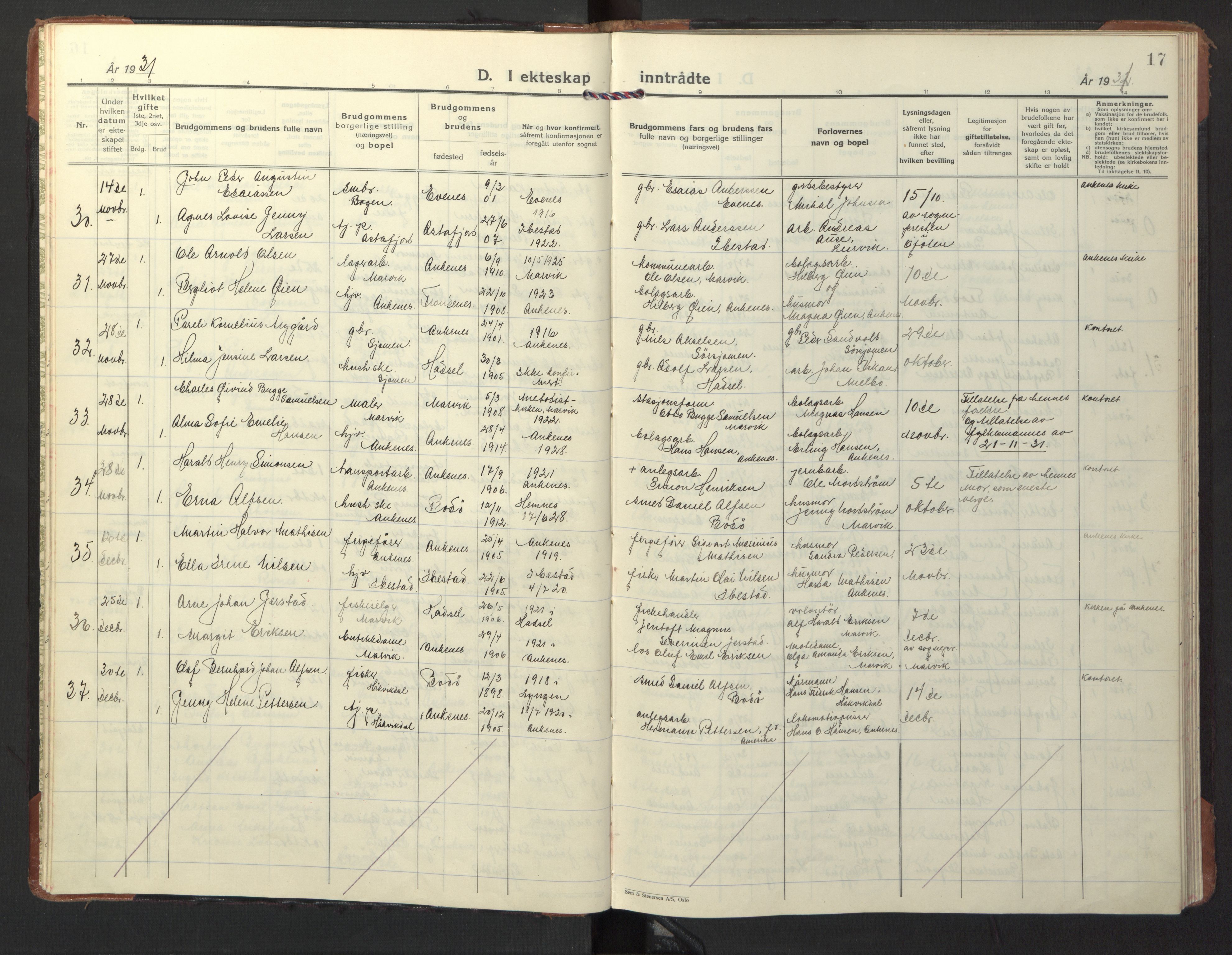 Ministerialprotokoller, klokkerbøker og fødselsregistre - Nordland, AV/SAT-A-1459/866/L0948: Parish register (official) no. 866A11, 1929-1949, p. 17